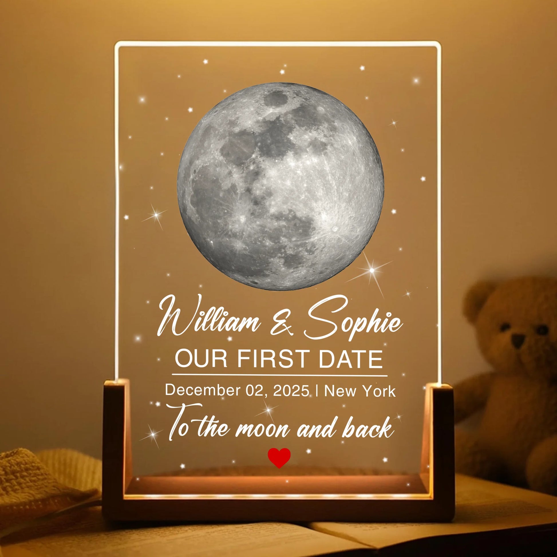 Our first date personalized moon phase acrylic night light for couples