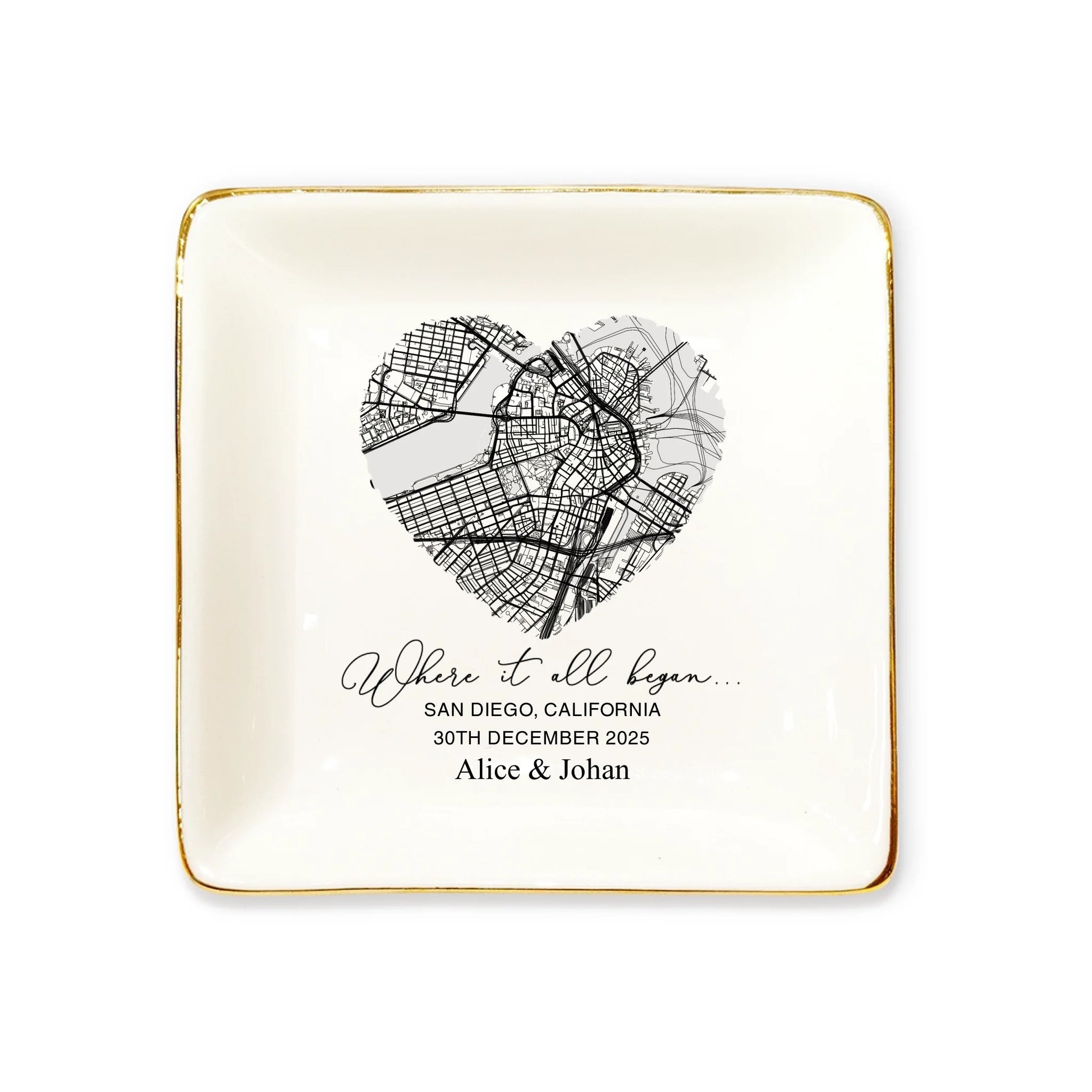 Anniversary ceramic jewelry dish with location coordinates