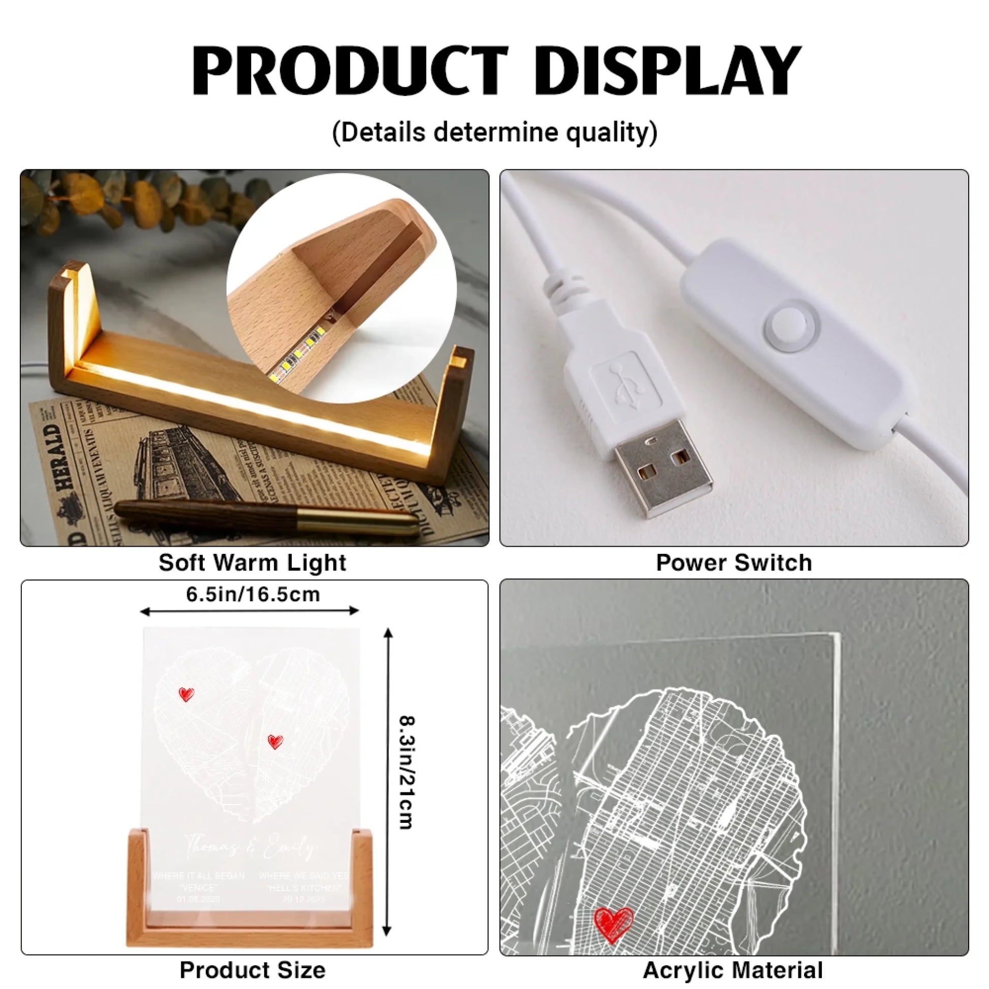Personalized acrylic coordinates night light size chart and product specifications