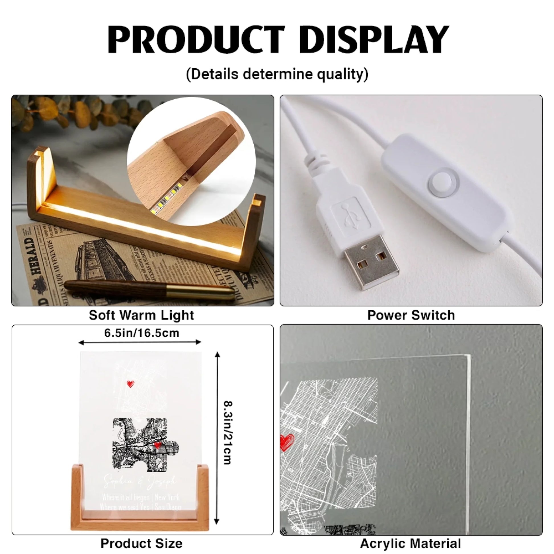 Personalized coordinates acrylic night light size chart and specifications