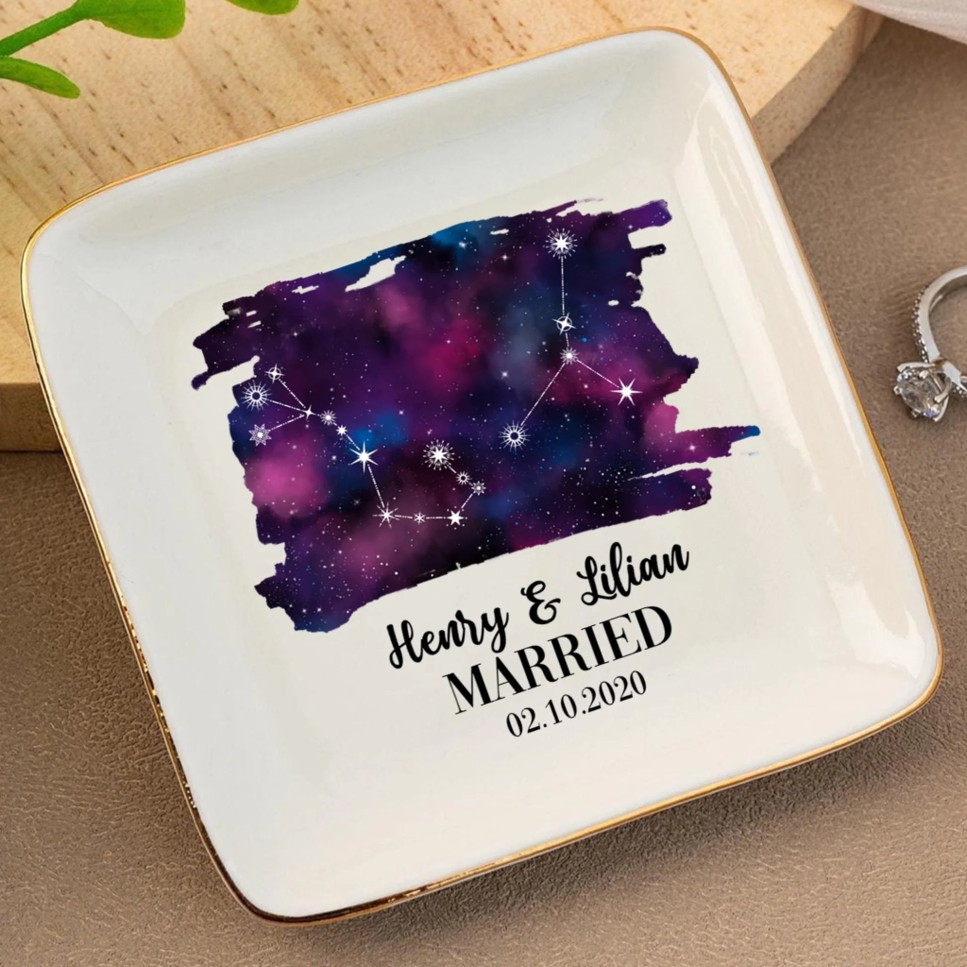 Custom engagement ring holder dish with names and date