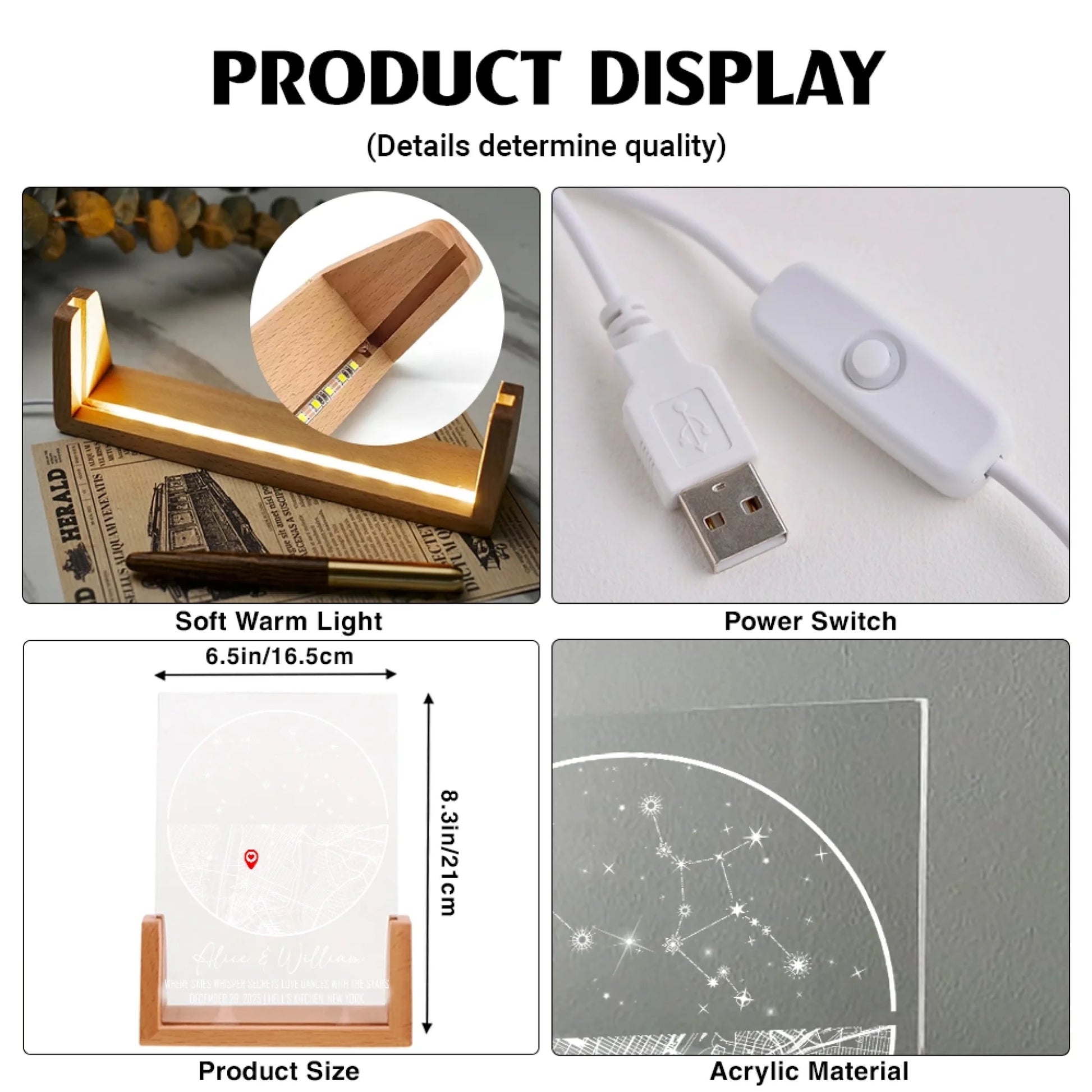 Personalized acrylic night light size chart and specifications