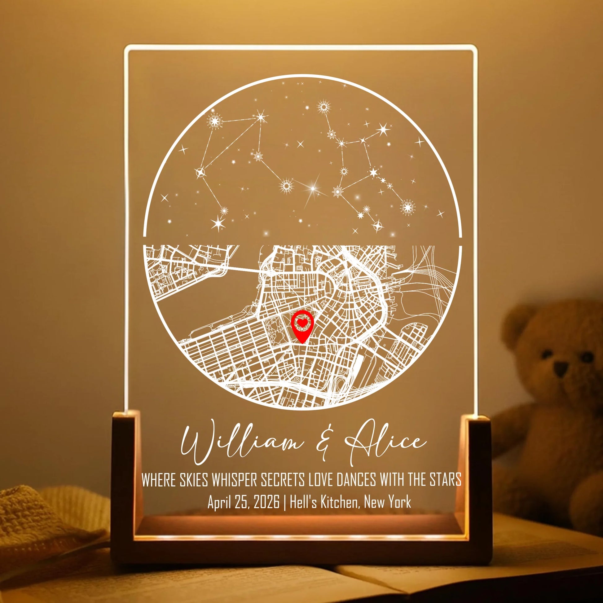 Personalized star map acrylic night light with coordinates and names