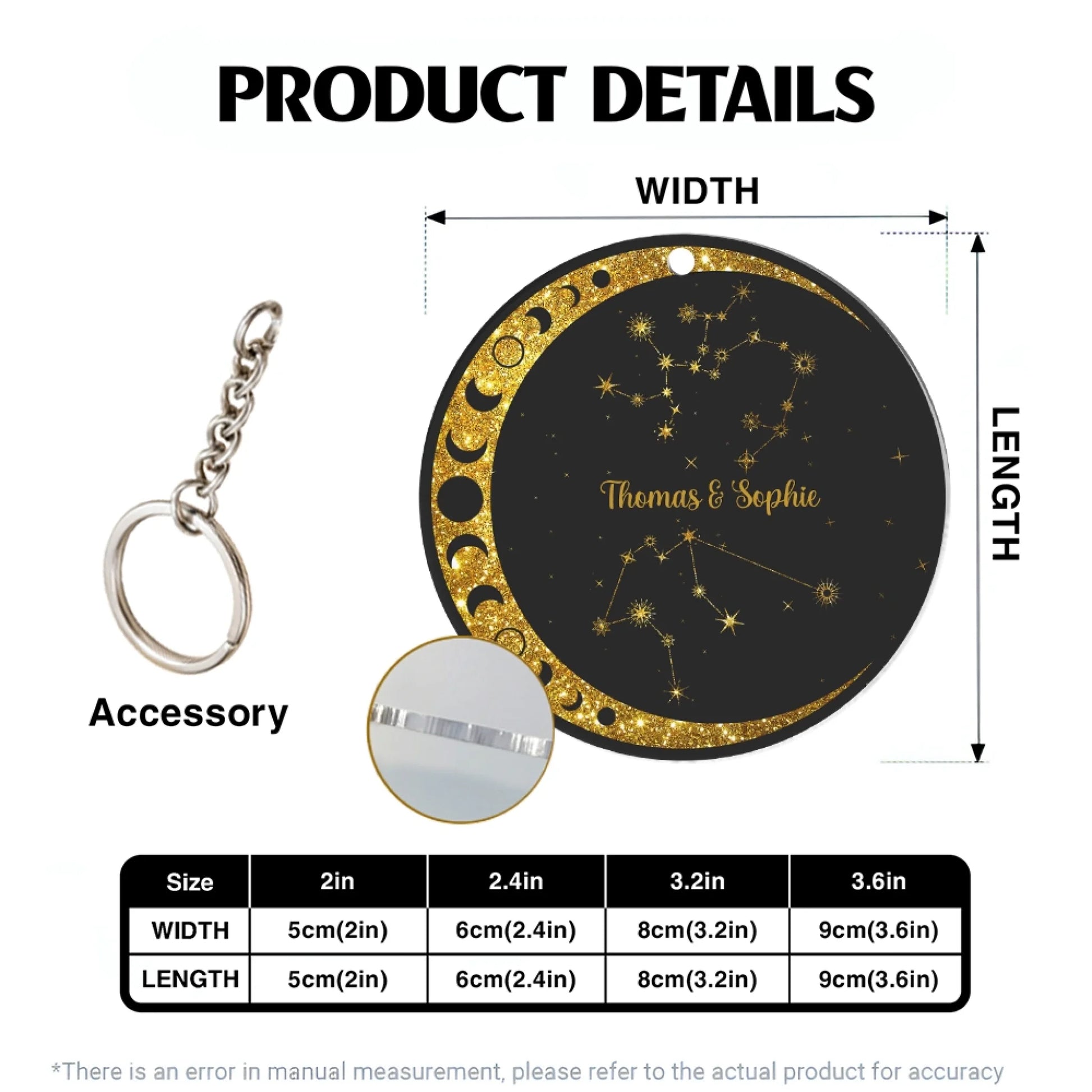 Personalized acrylic keychain size chart dimensions and specifications
