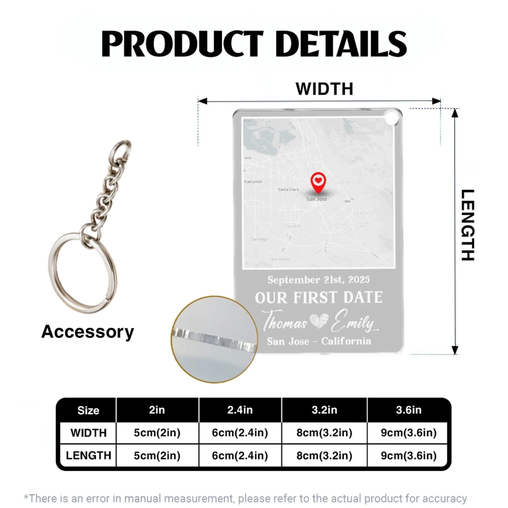 Personalized acrylic keychain size chart dimensions and specifications