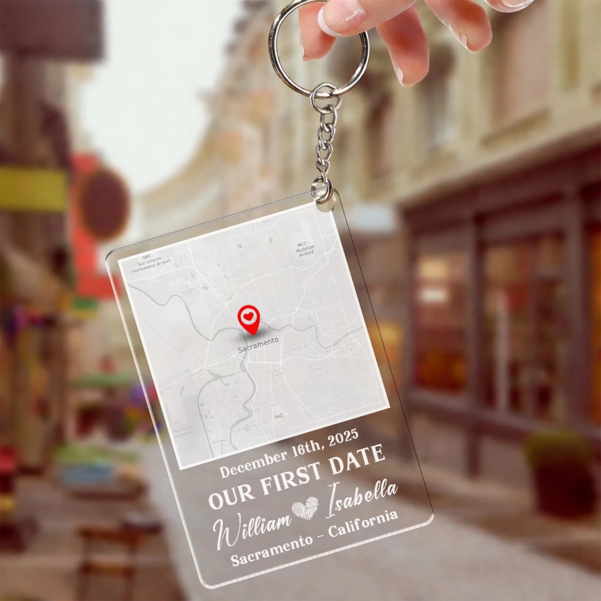 Romantic first date keepsake keychain with personalized location