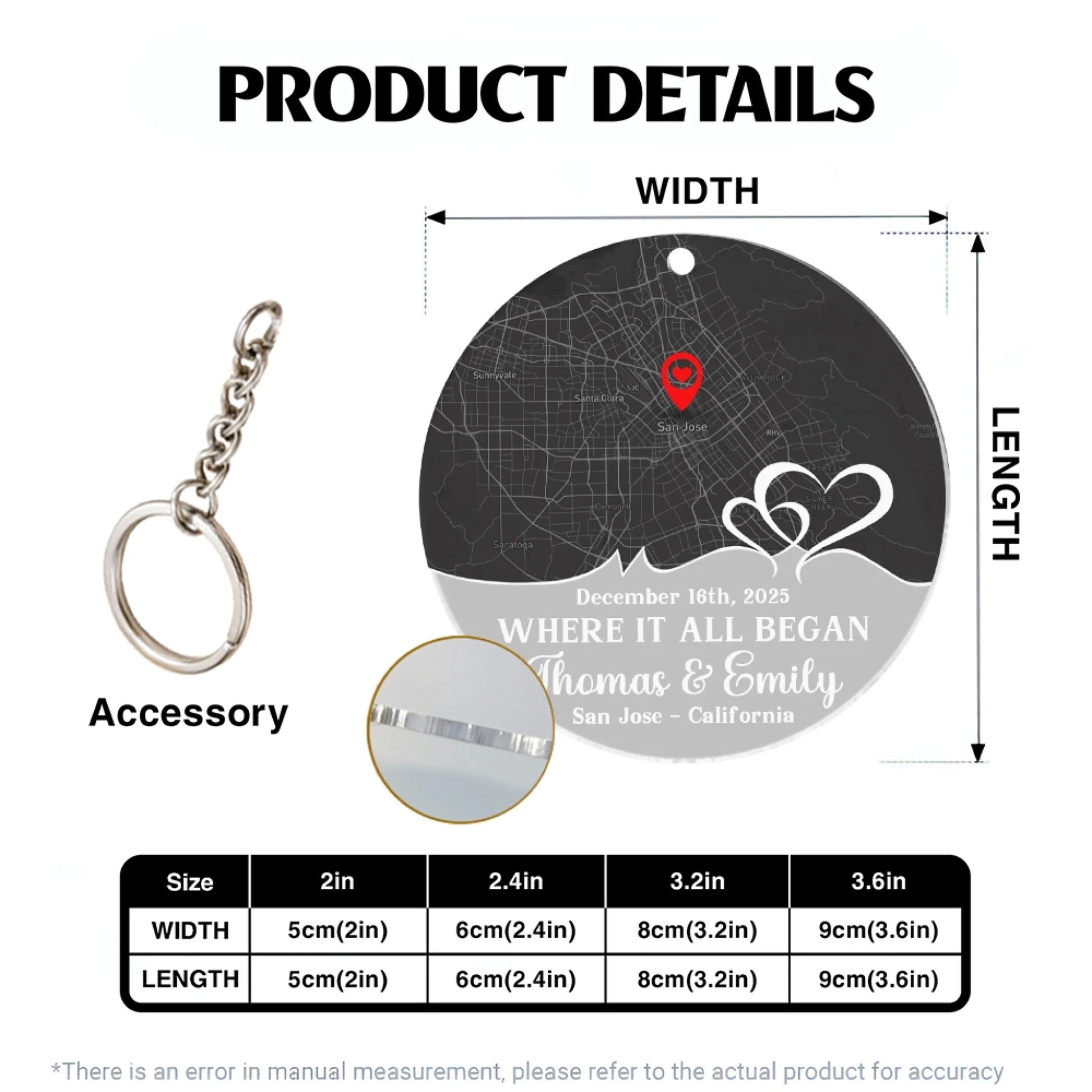 Personalized acrylic keychain size chart dimensions and specifications