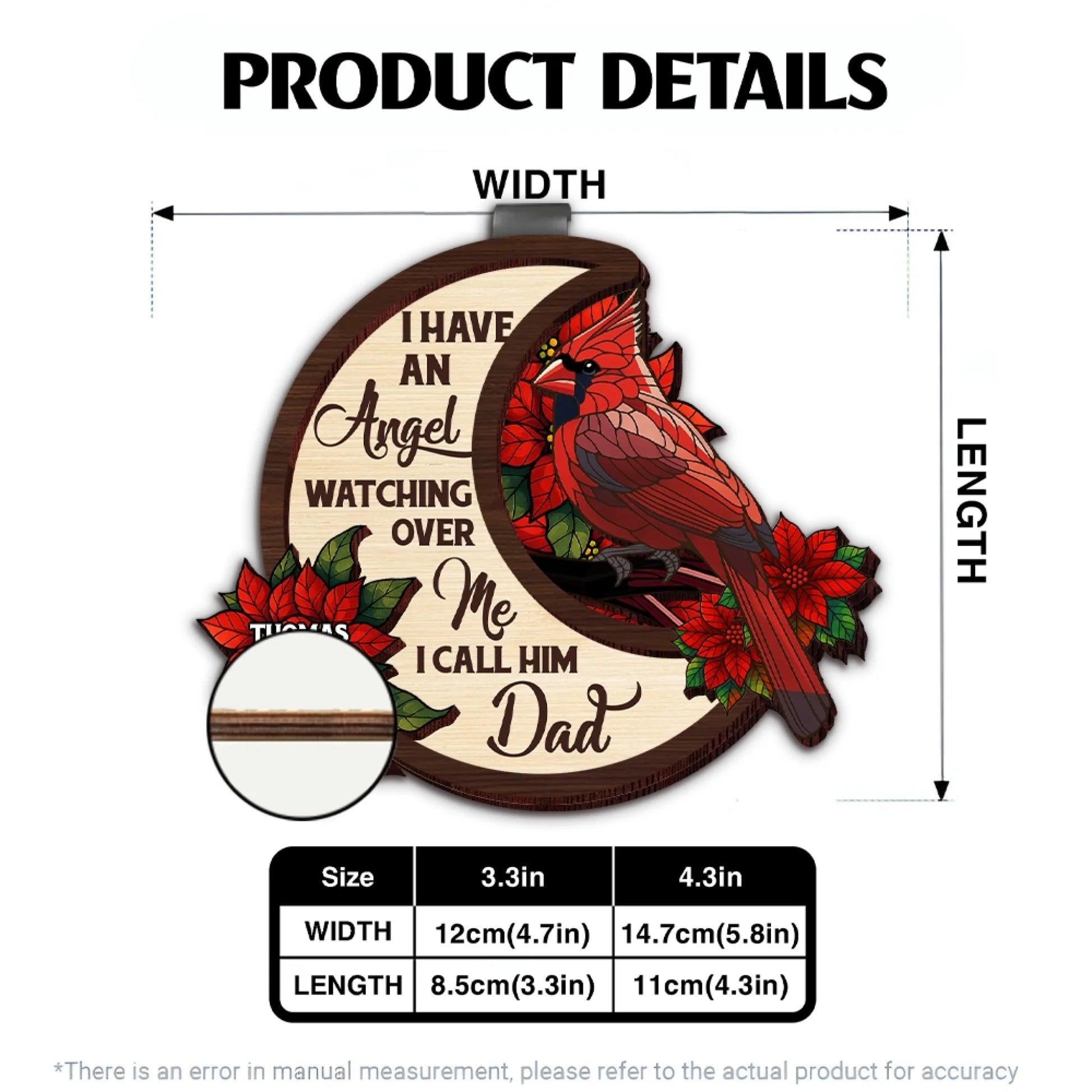 Personalized wooden cardinal memorial visor clip product details and sizing guide
