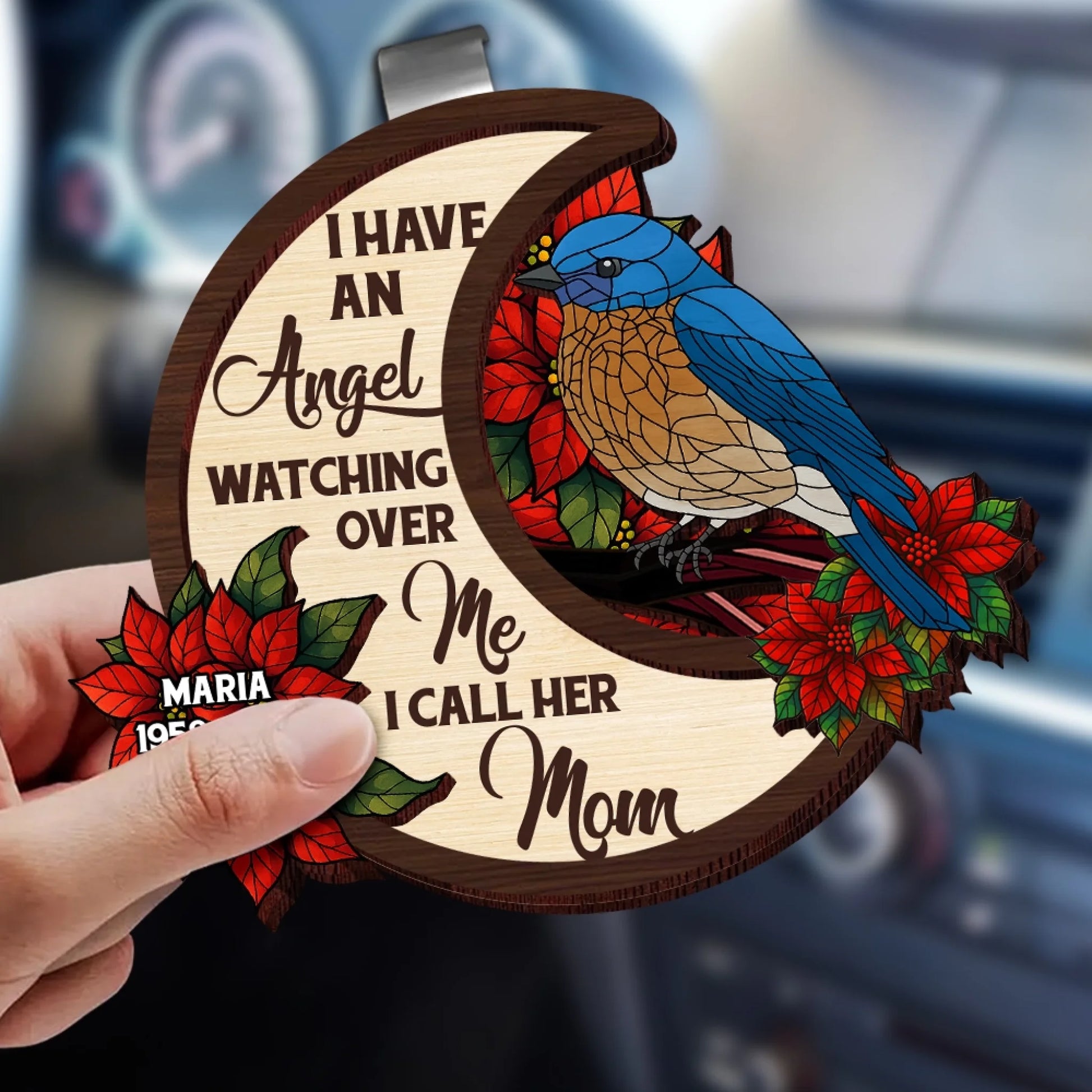 Cardinal memorial car visor clip displayed inside vehicle with custom photo