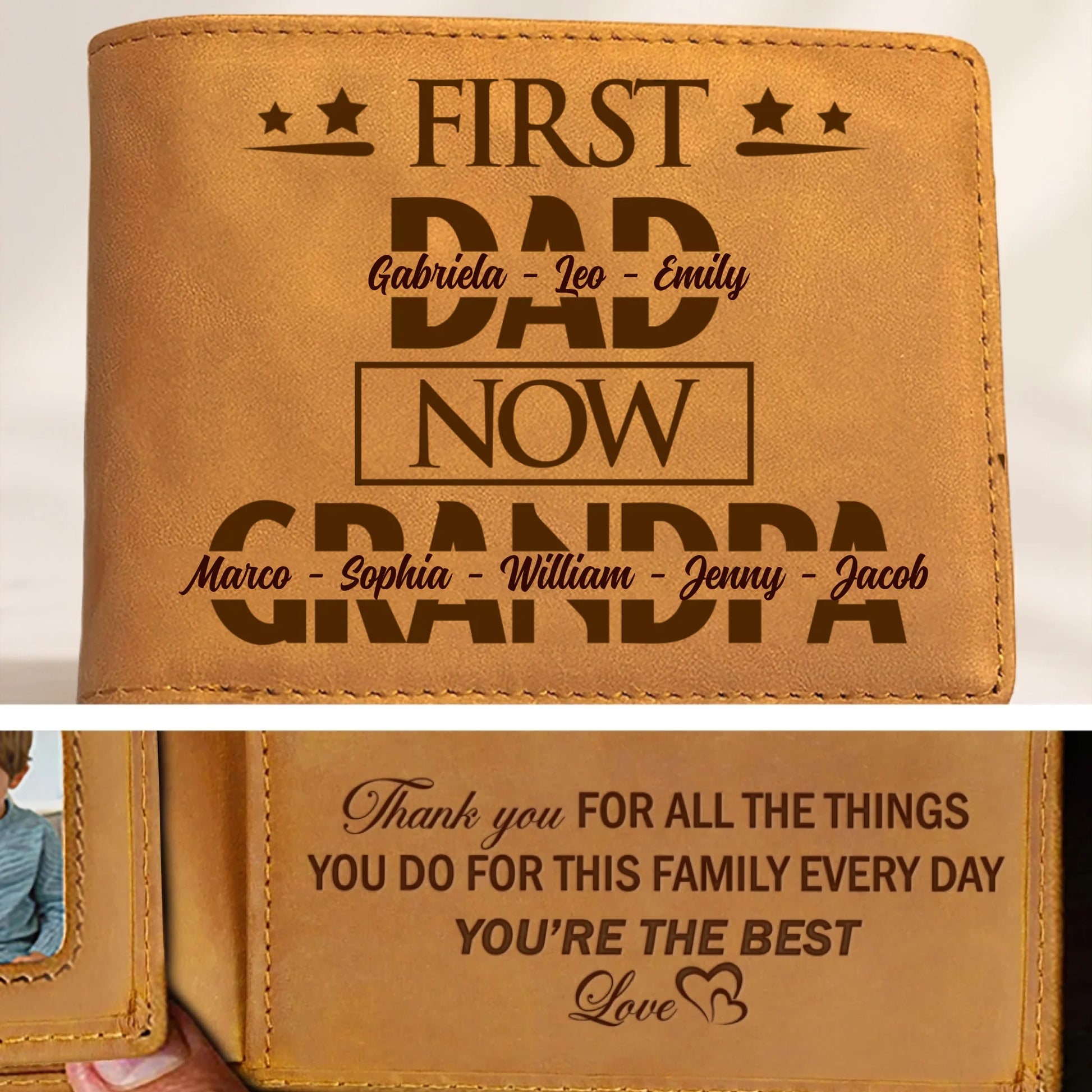 First Dad Now Grandpa personalized men's leather wallet gift for grandfather