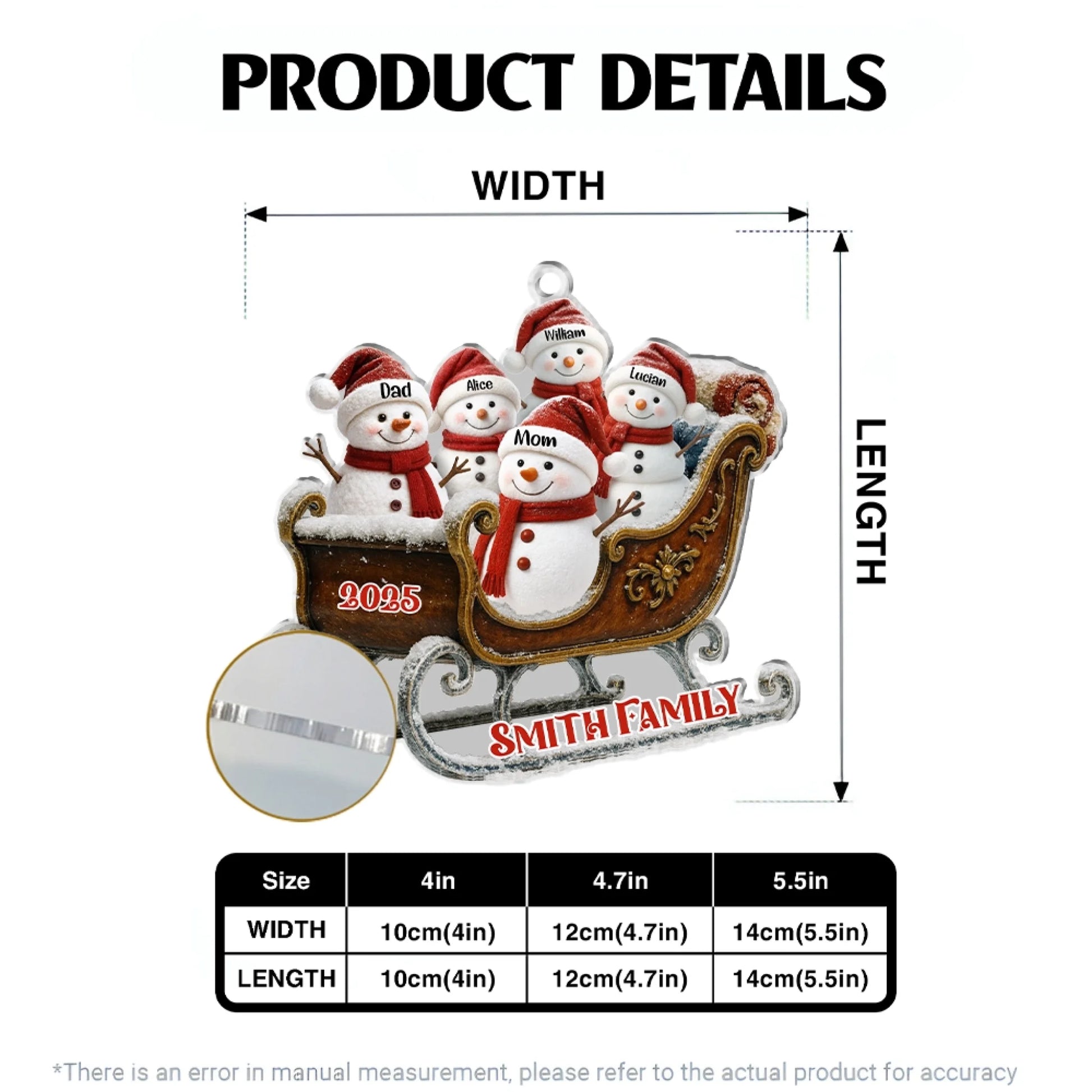 Personalized family acrylic ornament size chart and product details