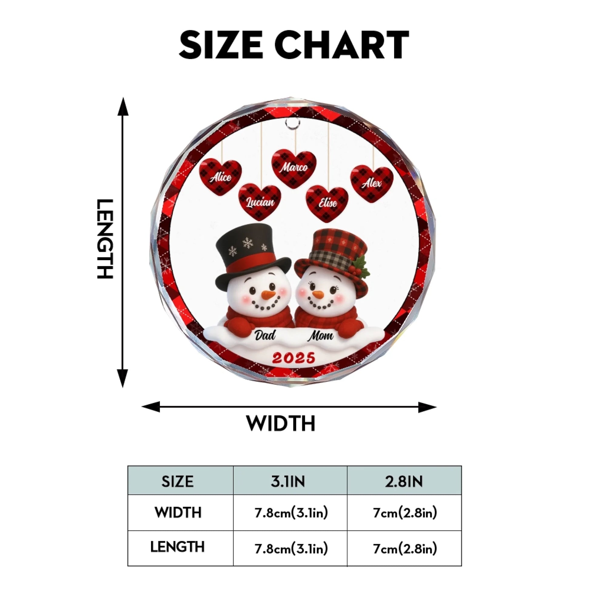 Personalized glass ornament size chart and product specifications