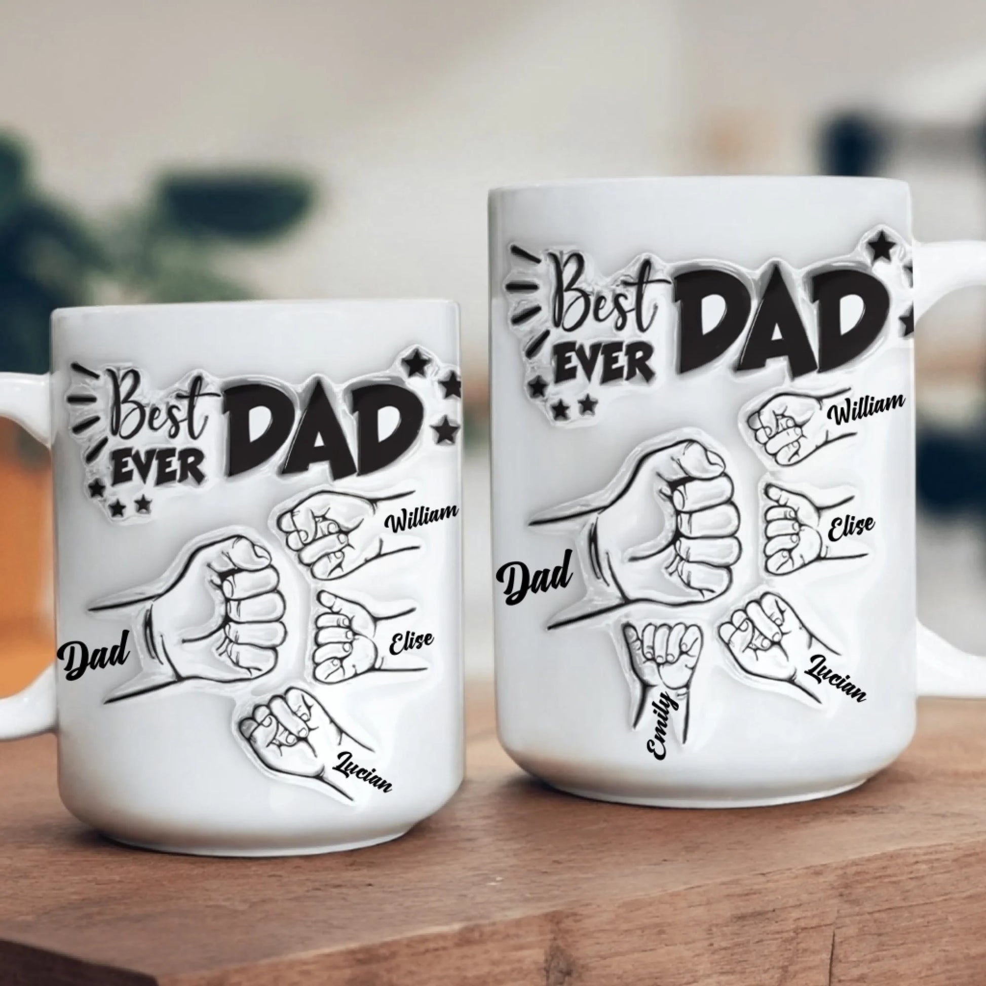Personalized Best Dad Ever coffee mug displayed on table with family gift theme