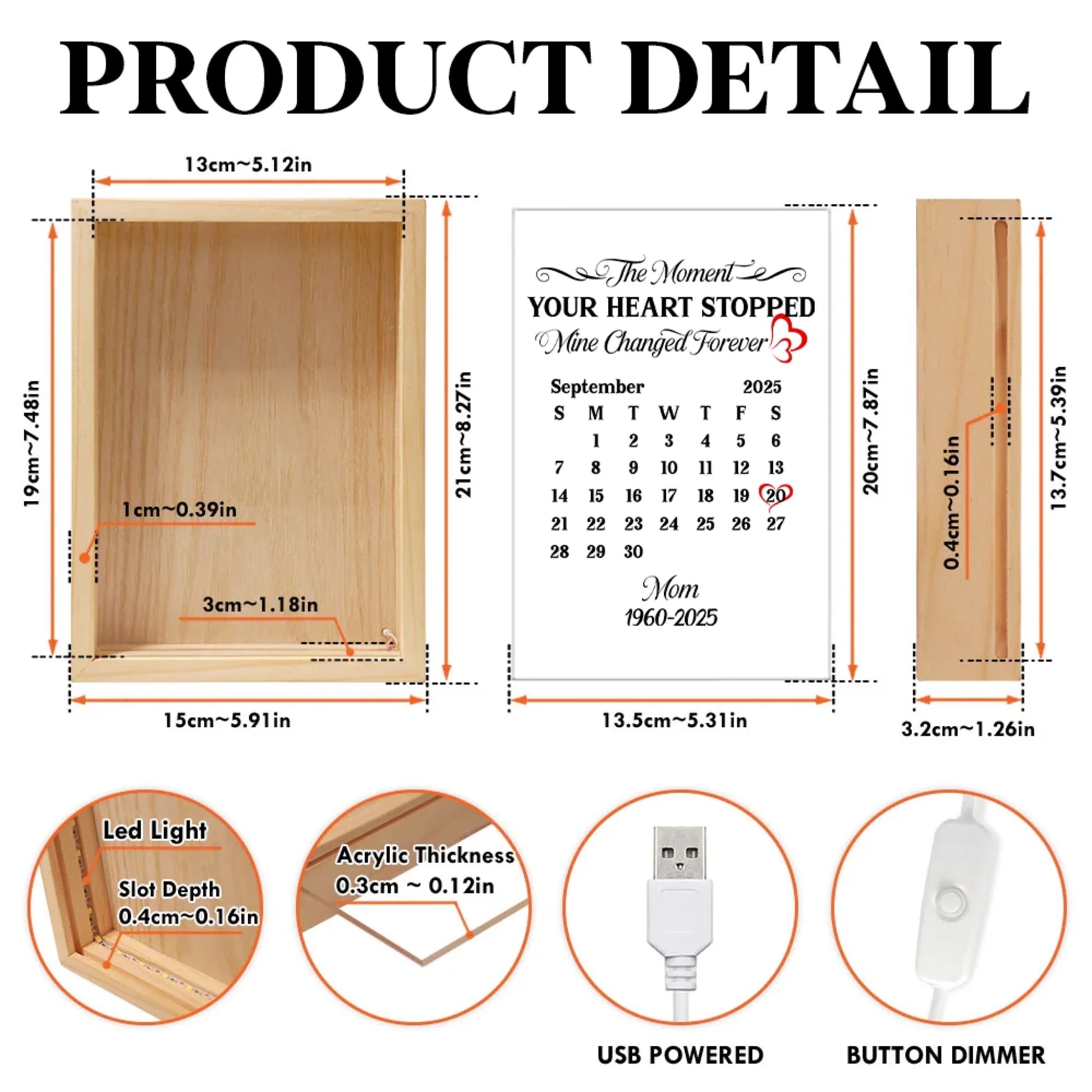 Memorial frame light box product details size chart and specifications