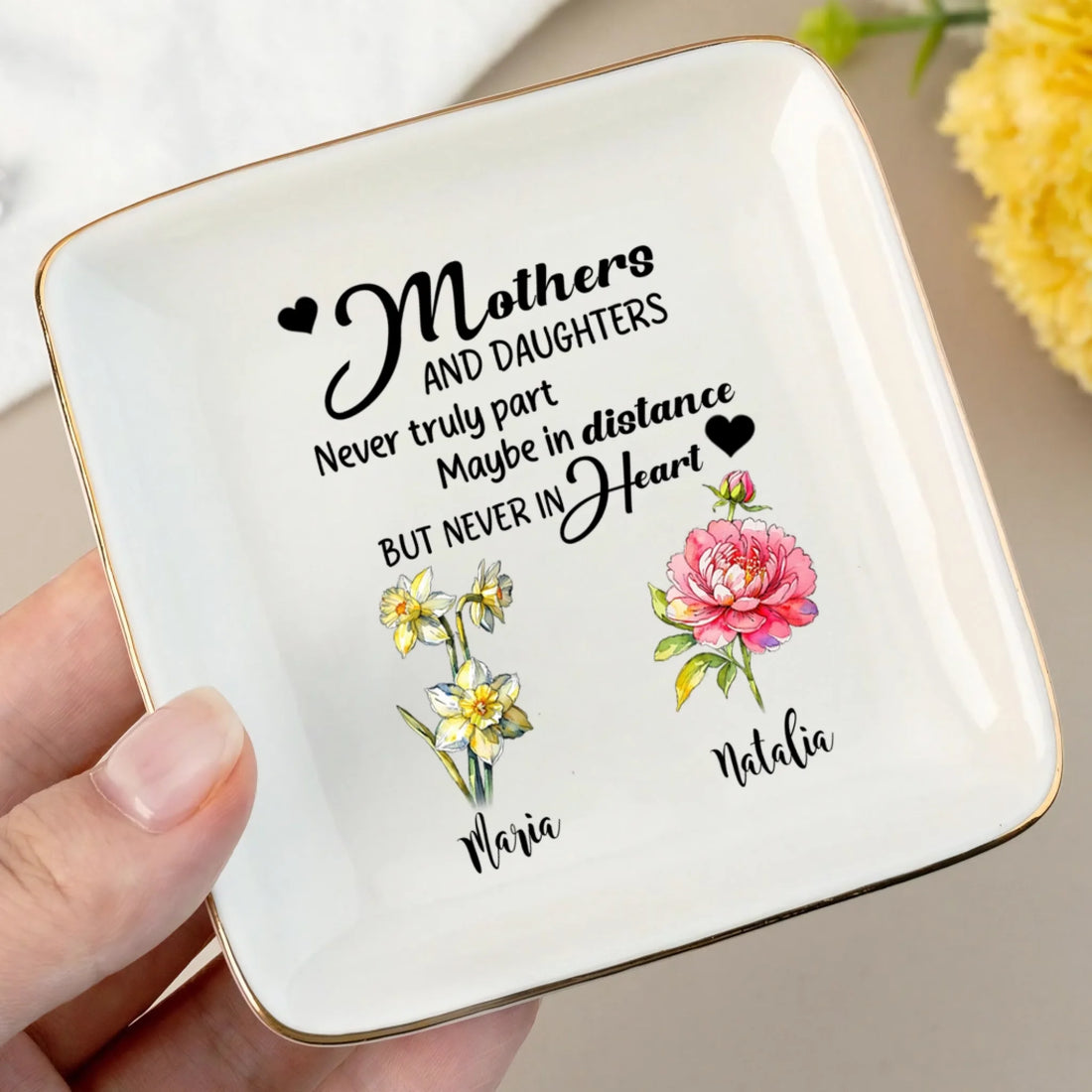 Personalized Ceramic Ring Dish For Mother And Daughter With Custom Names And Birth Flowers