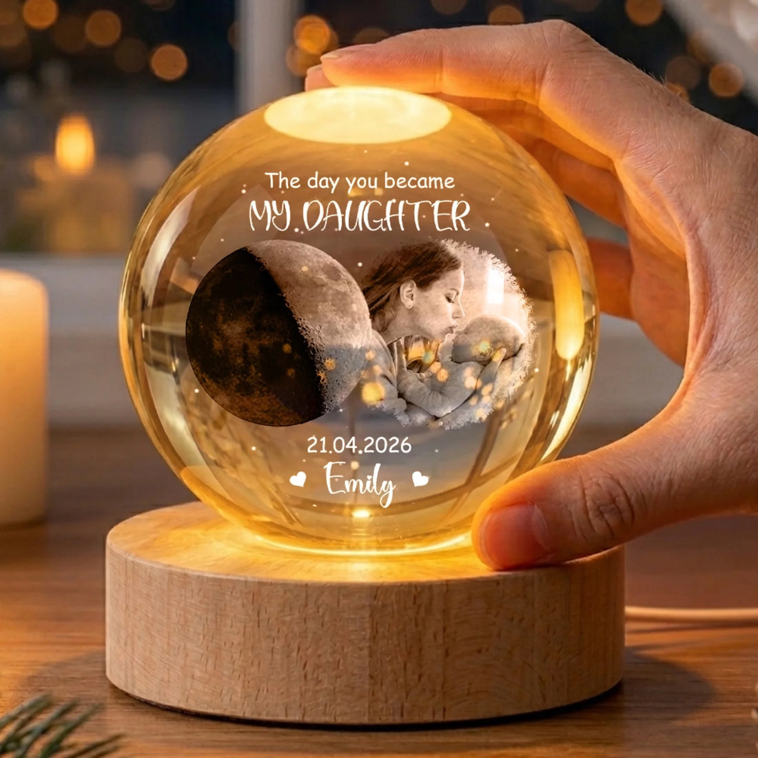 Personalized Crystal Globe Lamp For Mom With Custom Photo And Date