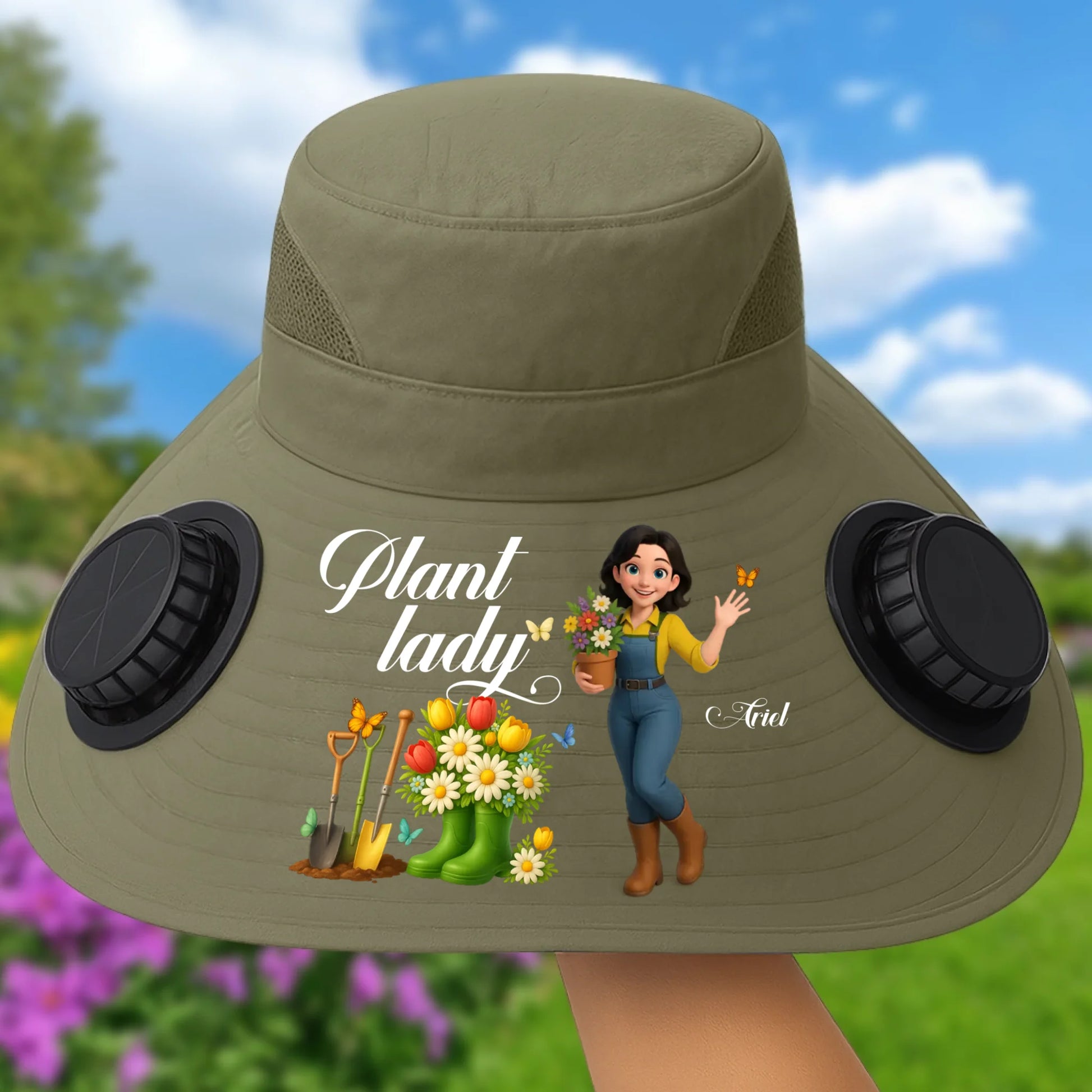Custom Plant Lady Gardening Solar Fan Hat