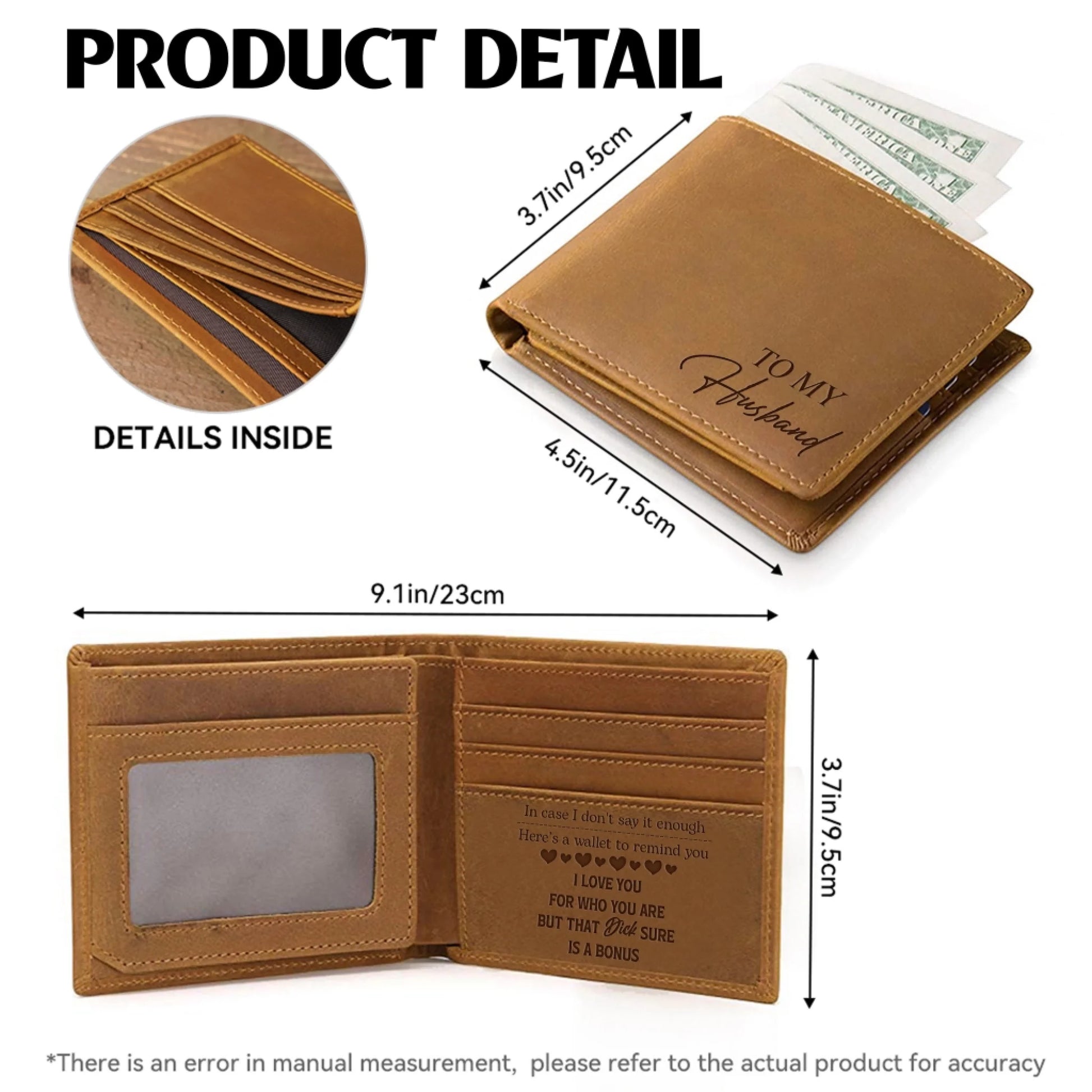 Personalized leather wallet product details and compartments