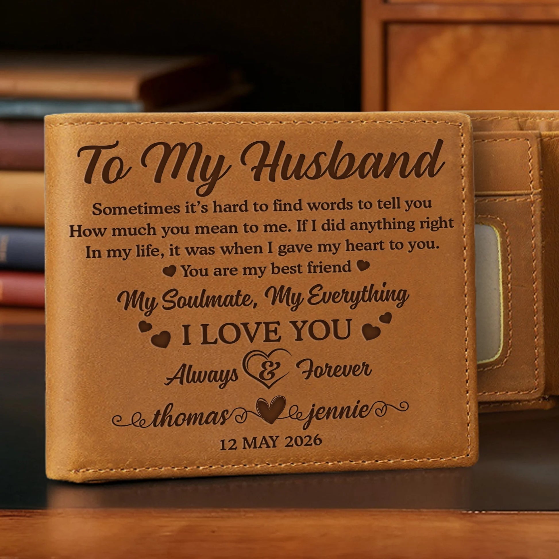 To My Husband personalized leather wallet engraved love message