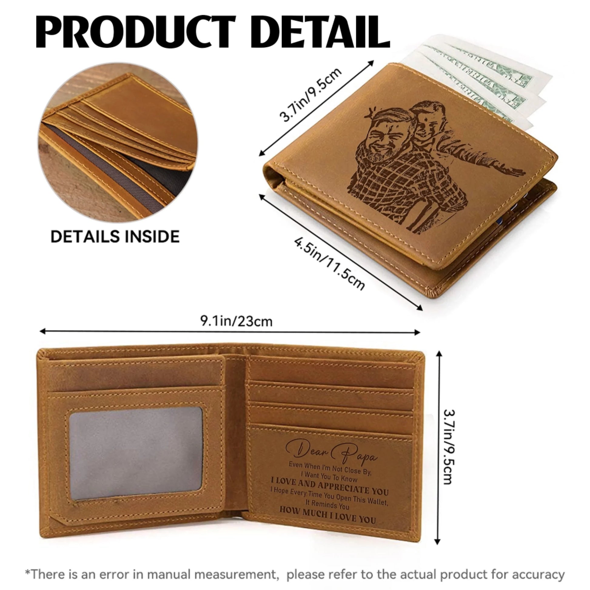 Personalized men's leather wallet featuring family photo and loving message