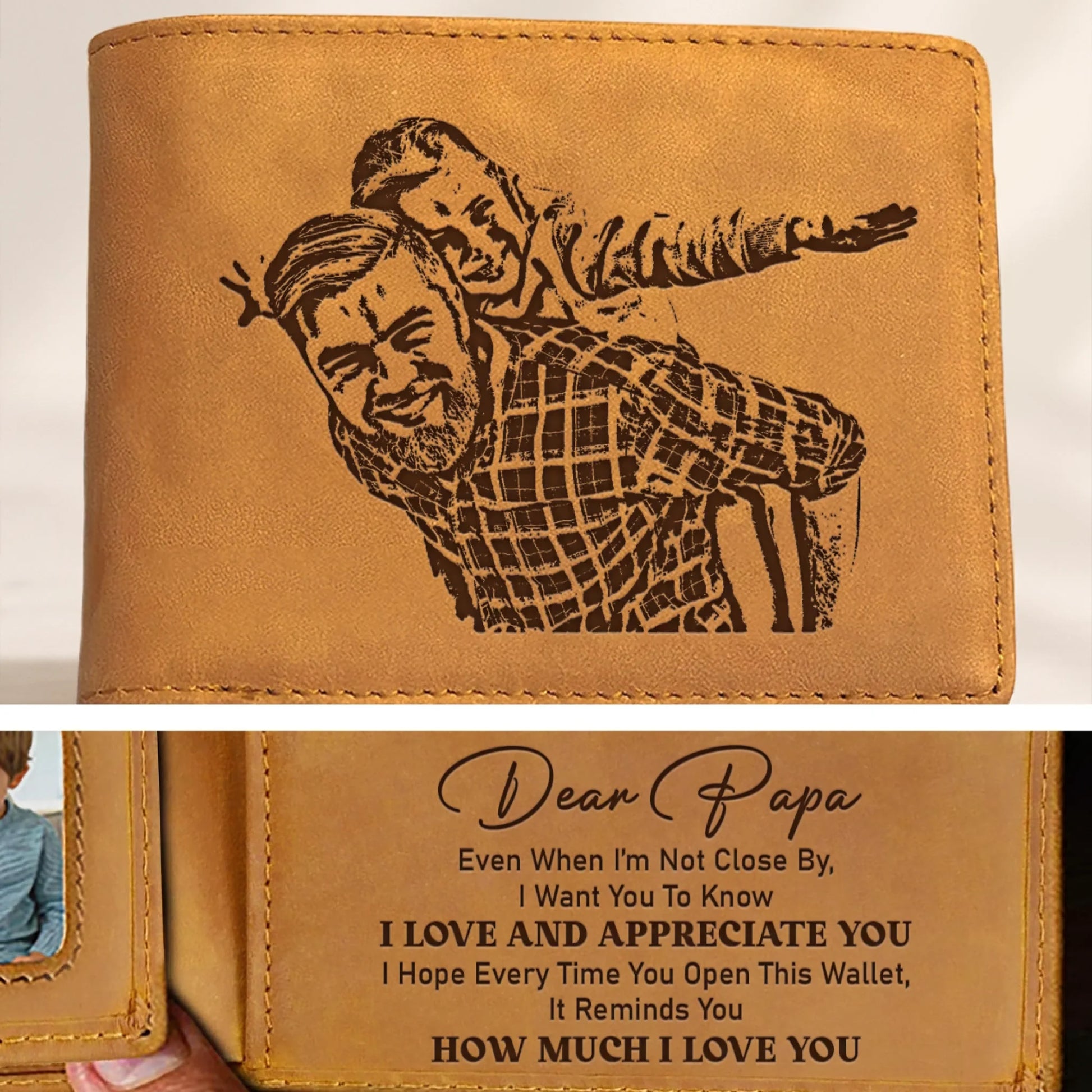 Personalized leather wallet for dad with custom photo and heartfelt family message