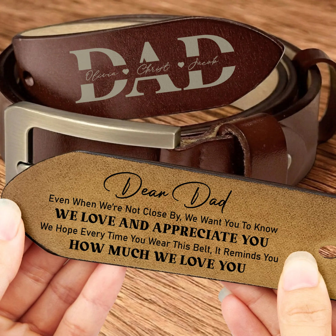 Personalized engraved leather belt for Dad with custom names and heartfelt message