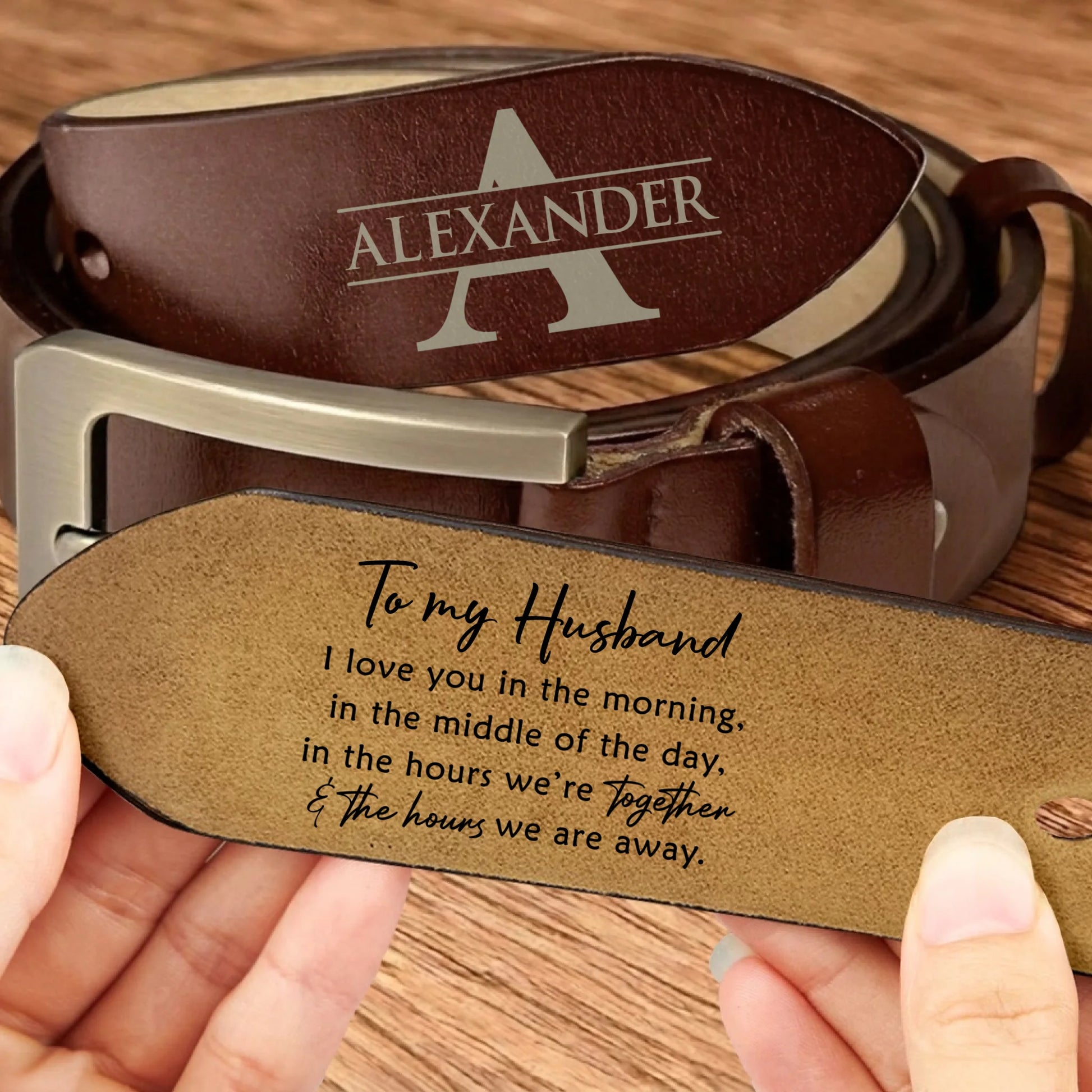 Custom engraved leather belt with romantic message for husband