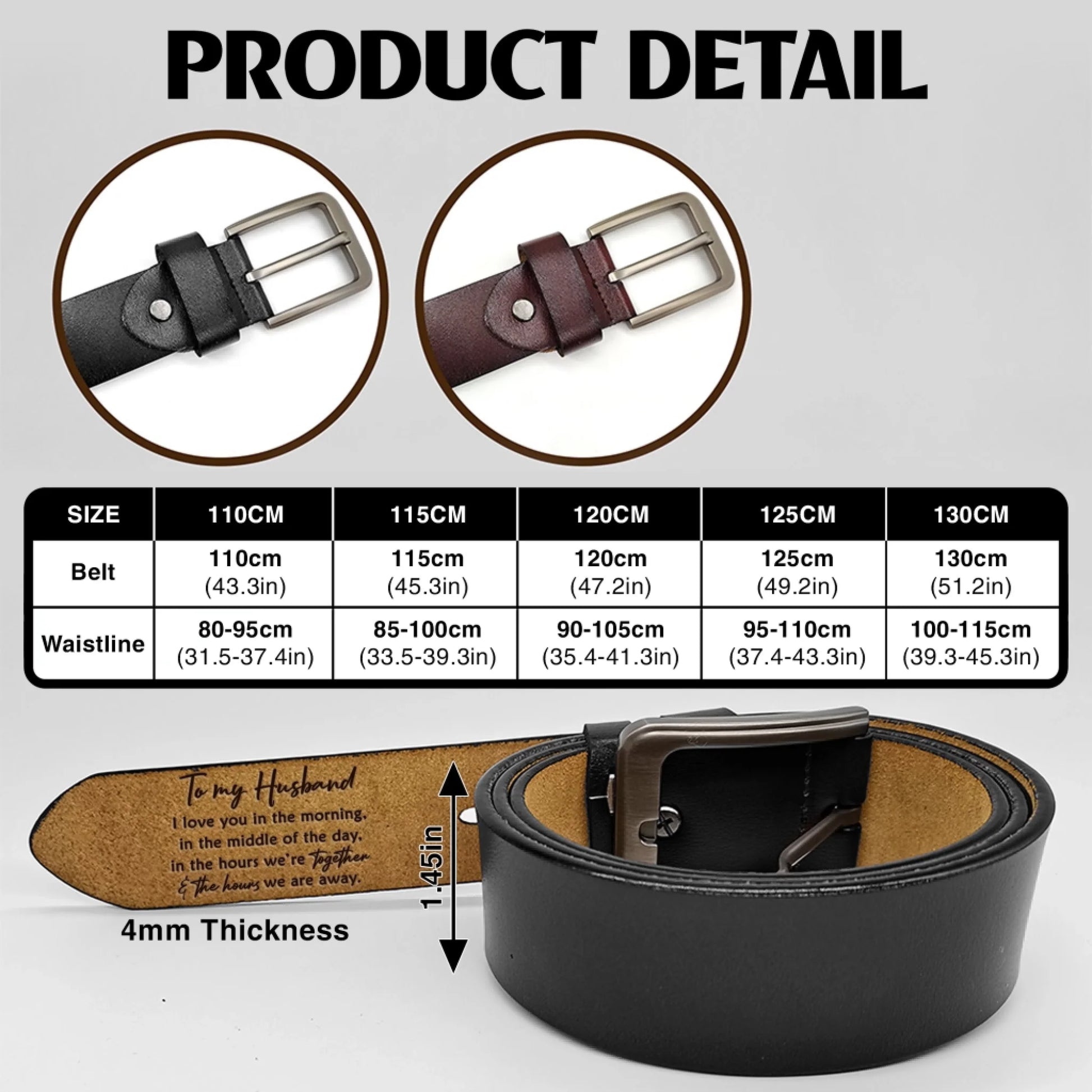 Personalized engraved leather belt size chart and specifications