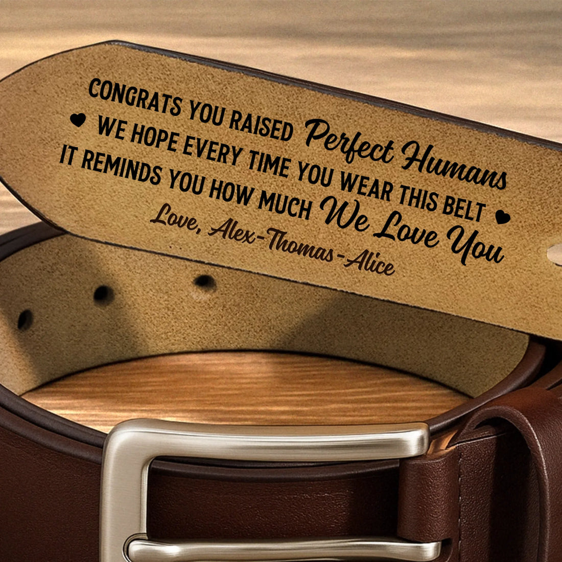 Personalized engraved leather belt for Dad with custom names and hidden message