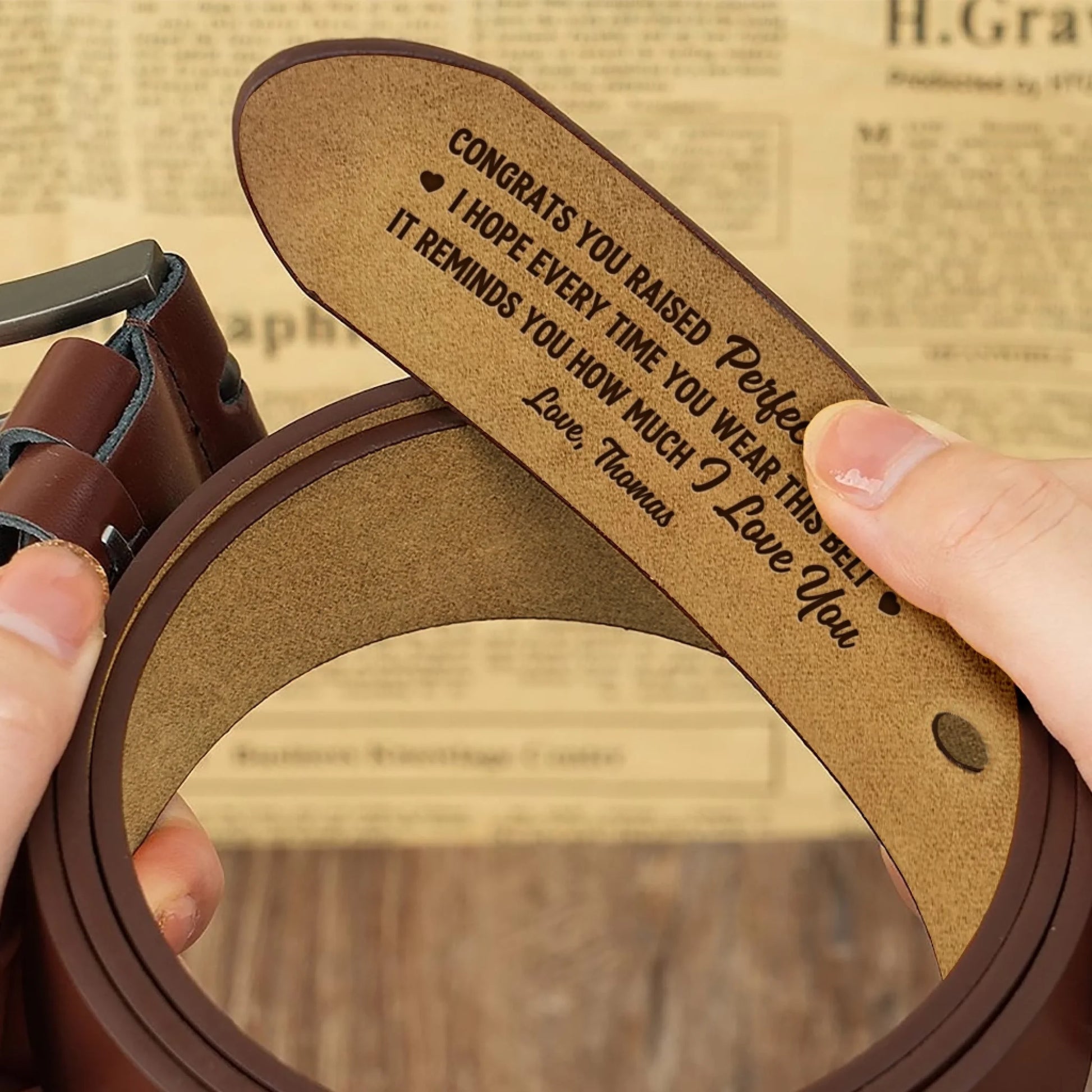 Custom Father's Day leather belt with engraved family message