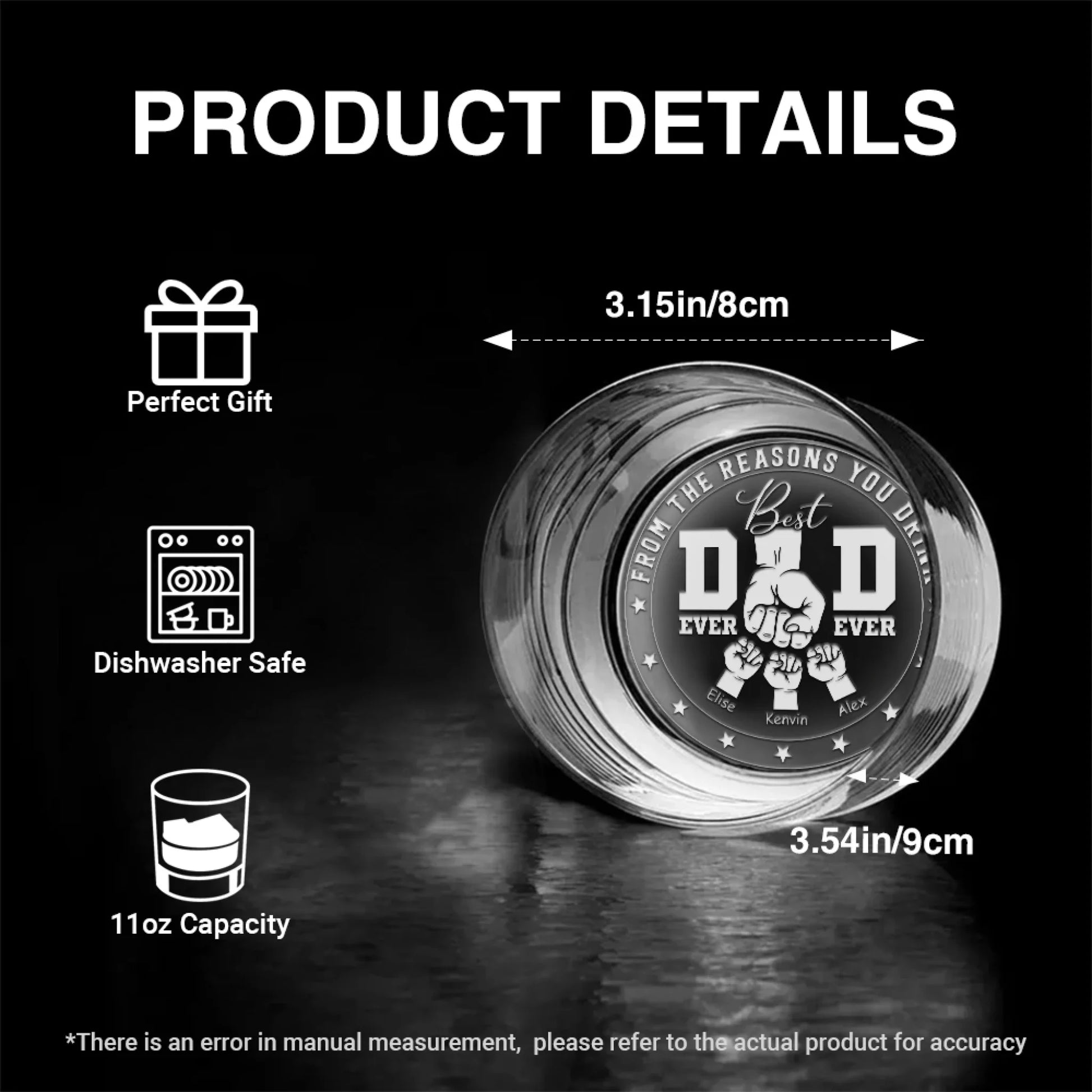 Personalized engraved whiskey glass size chart and product specifications