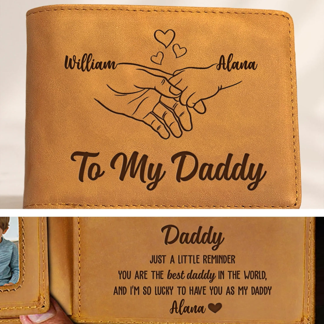 Personalized leather wallet for dad with custom names