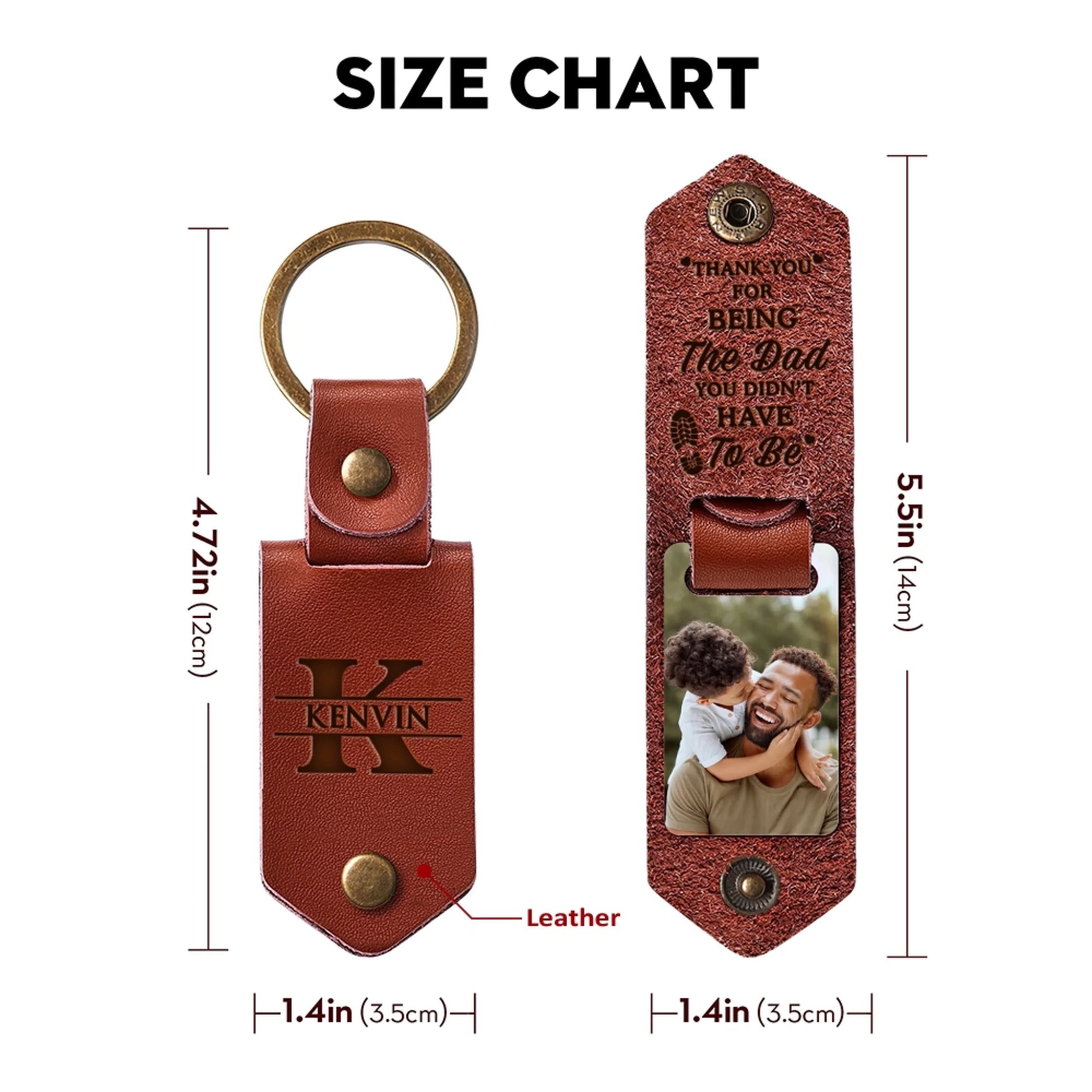 Personalized leather photo keychain dimensions and product details
