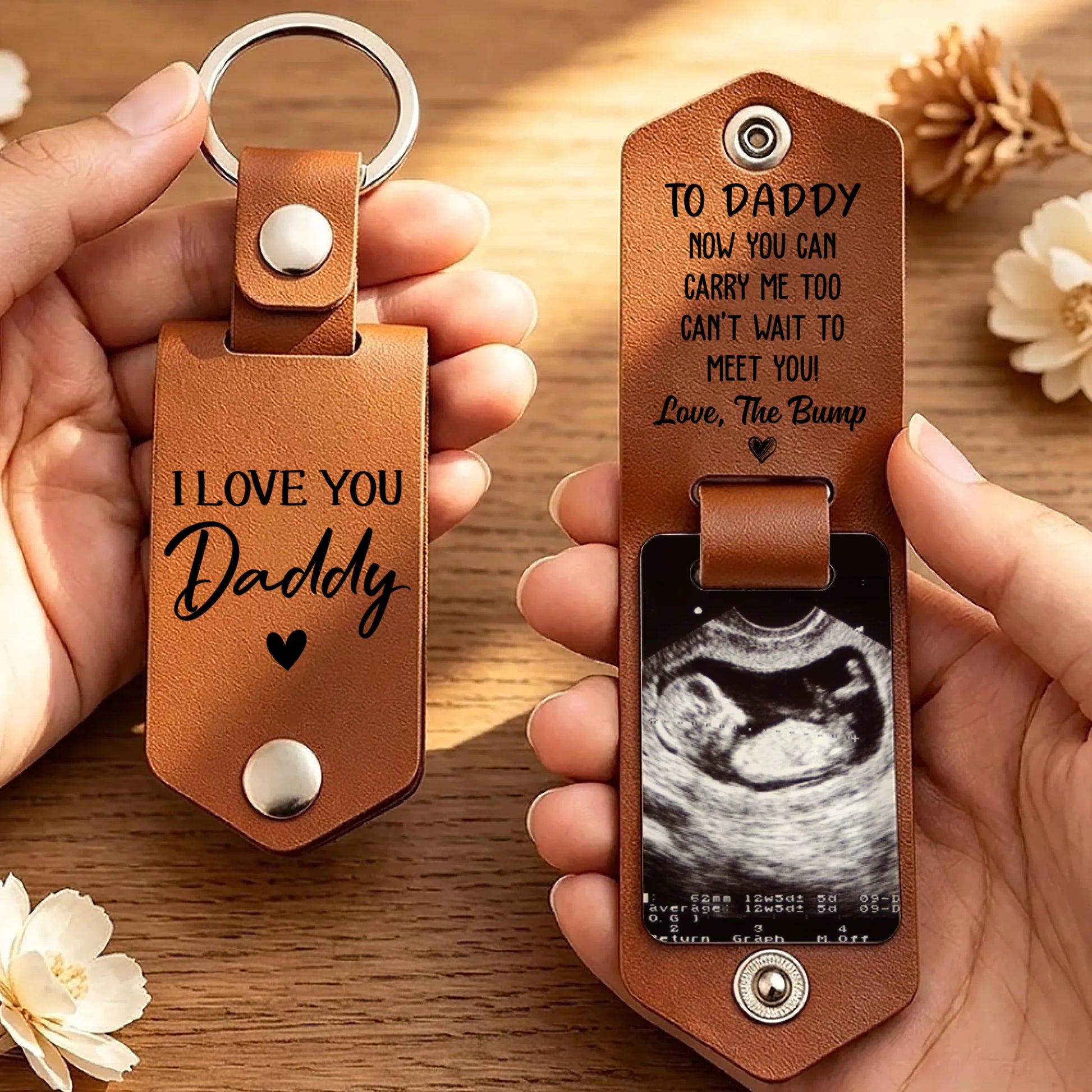 Personalized leather photo keychain for Dad with ultrasound photo and engraved message