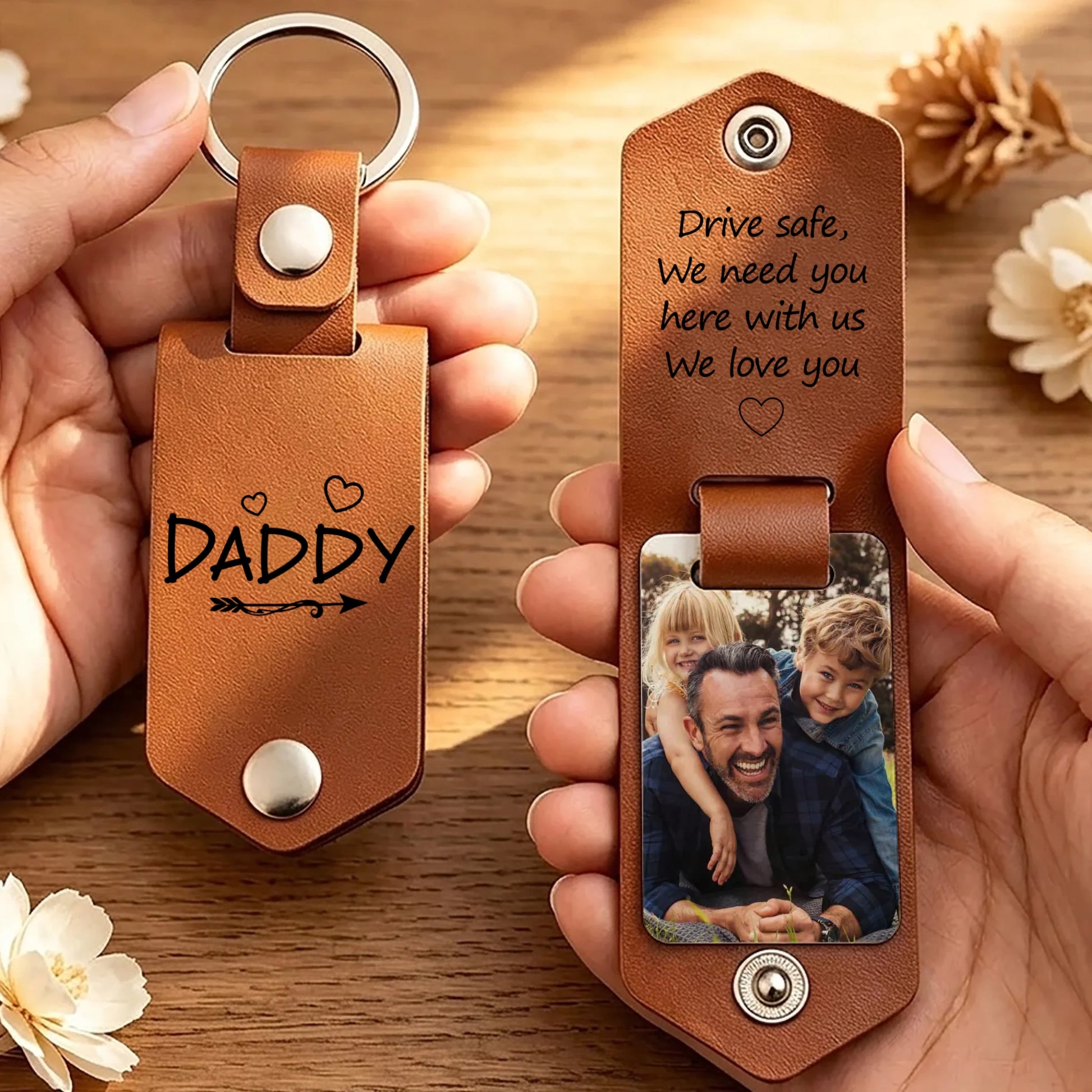 Drive Safe personalized leather photo keychain with custom photo and message for Dad