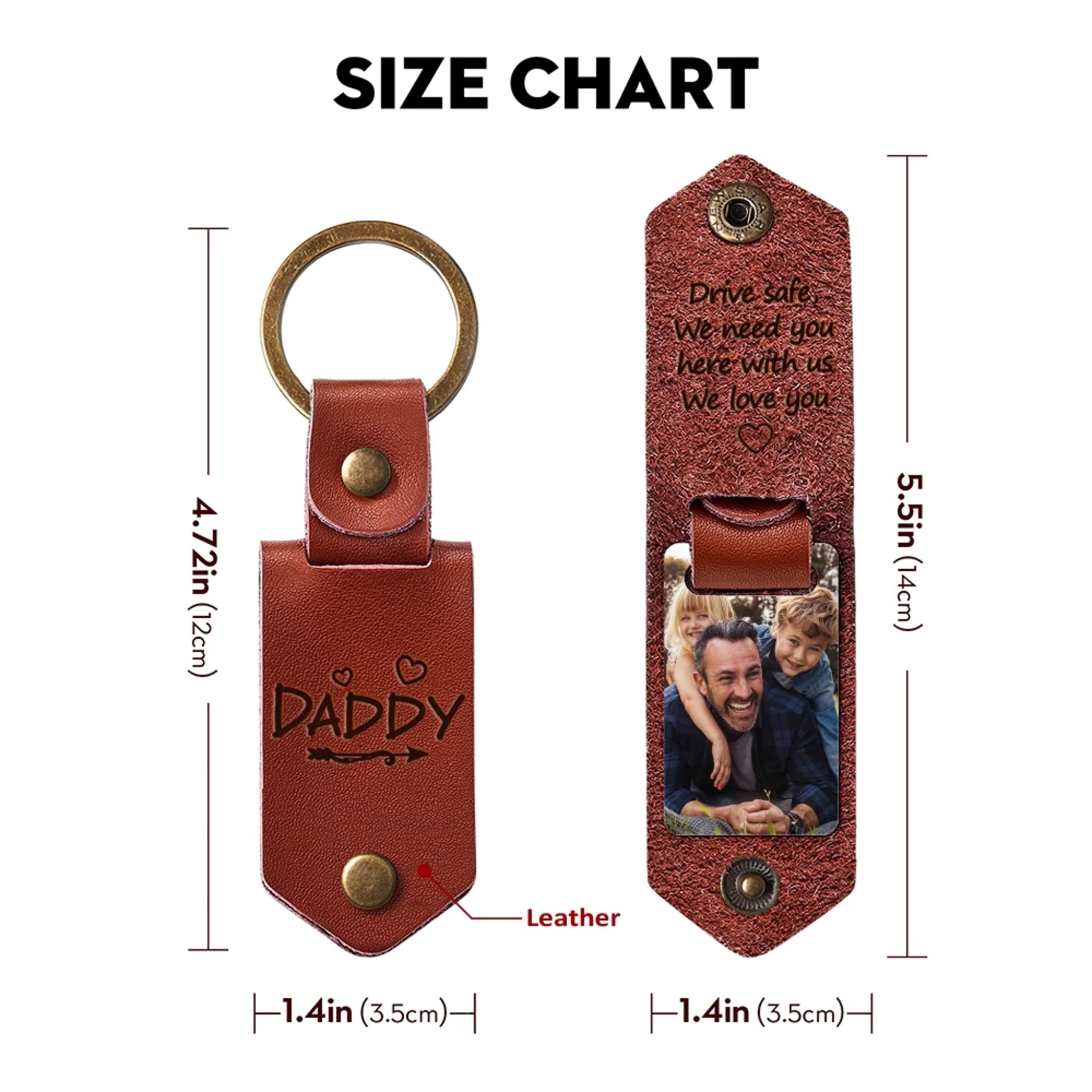 Leather photo keychain dimensions and personalization details