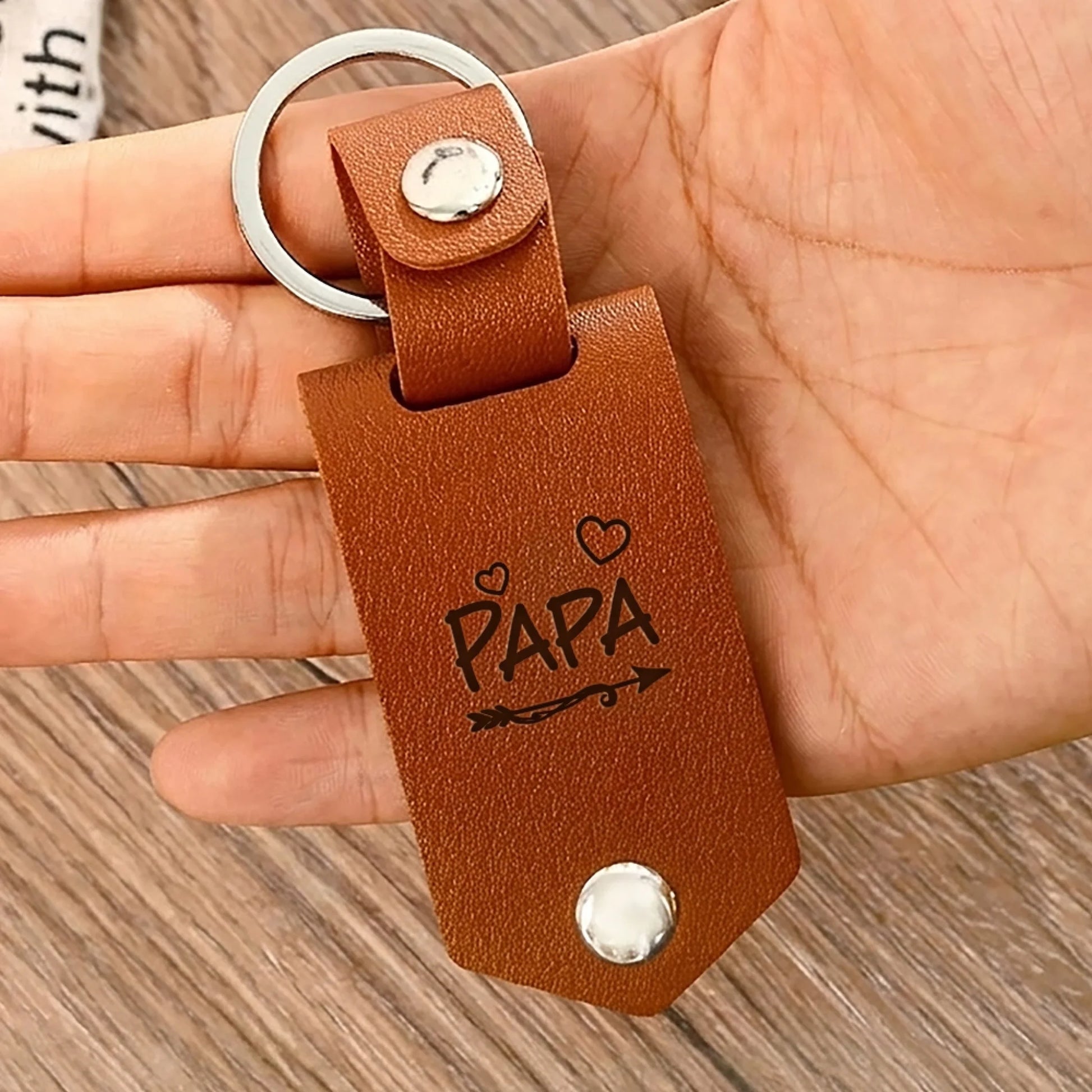Personalized leather keychain with engraved message and family photo