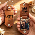 Drive Safe Dad personalized leather photo keychain with custom family photo