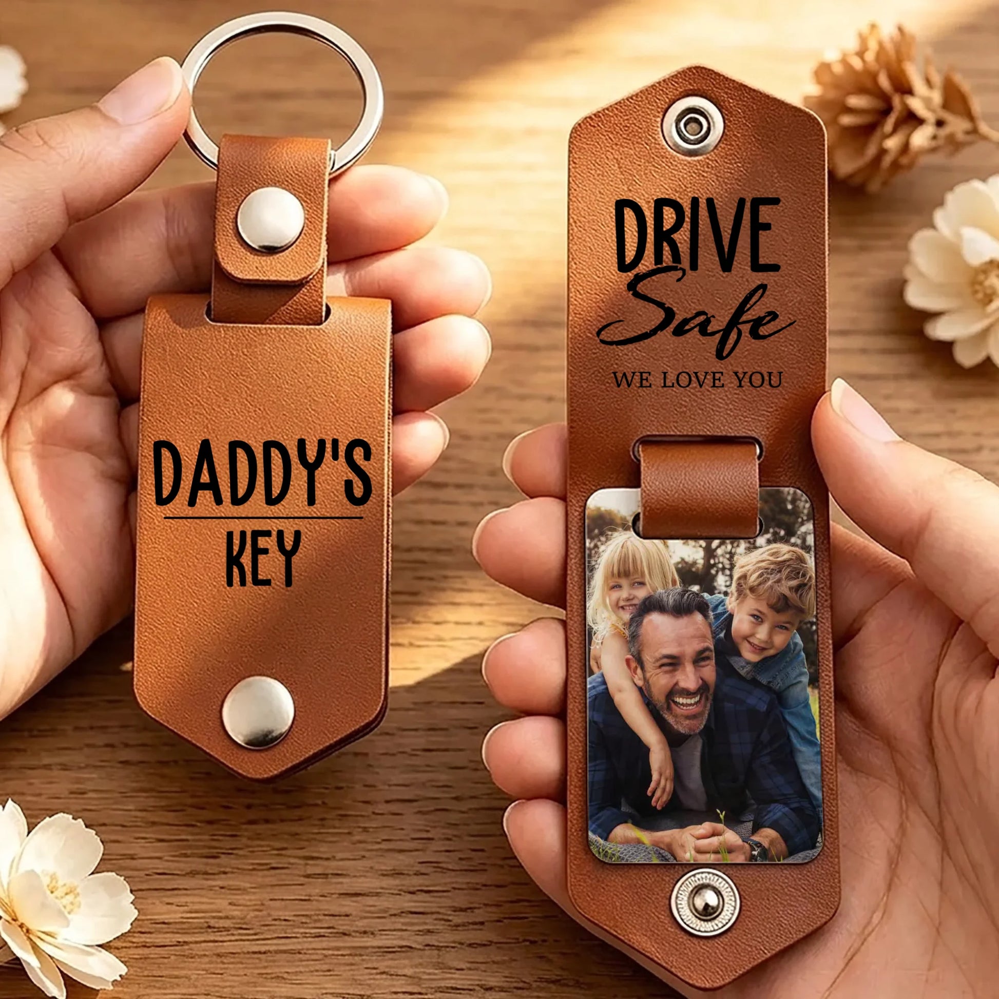 Drive Safe Dad personalized leather photo keychain with custom family photo