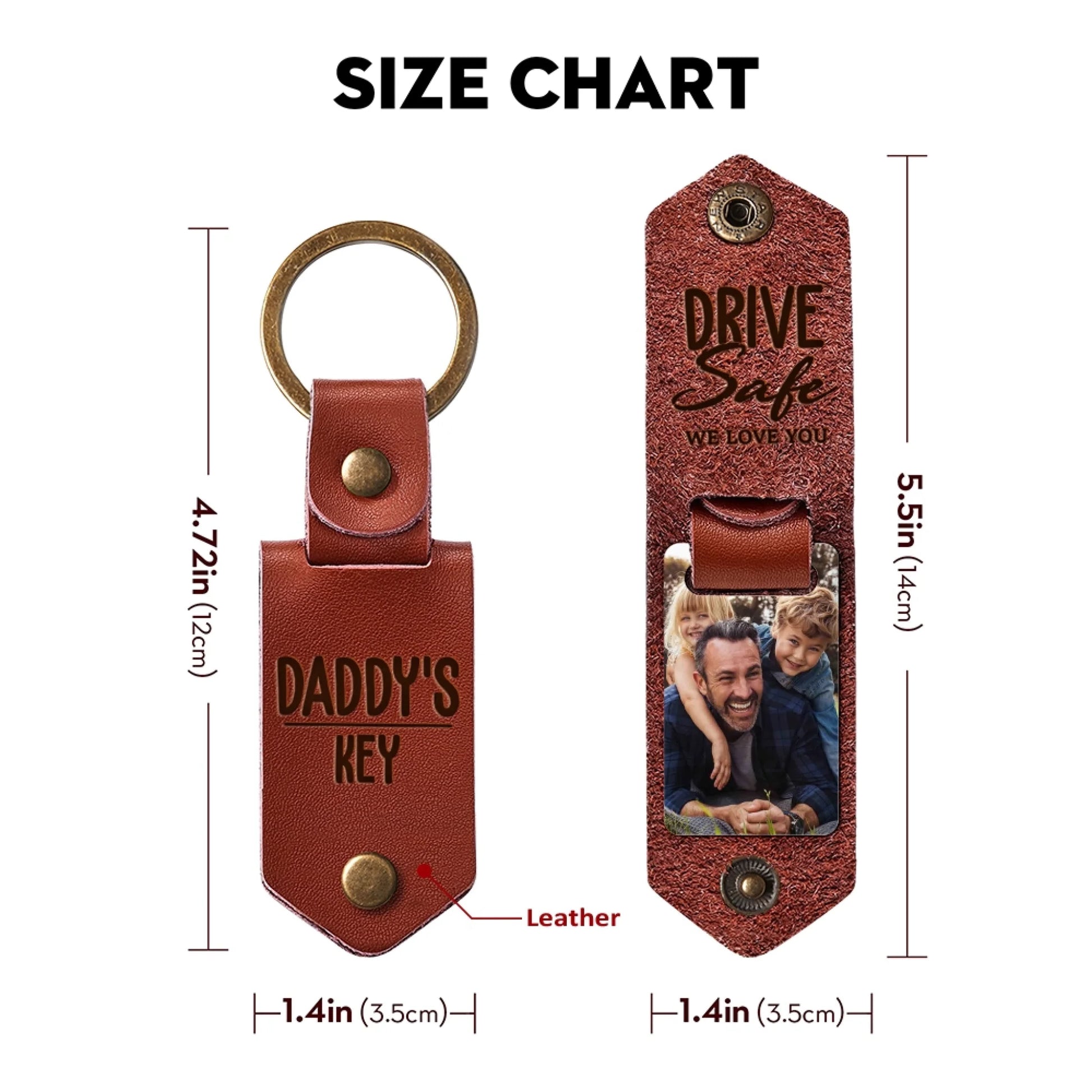 Leather photo keychain dimensions and personalization details