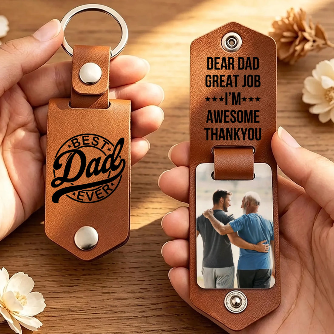 Best Dad Ever - Personalized Leather Photo Keychain
