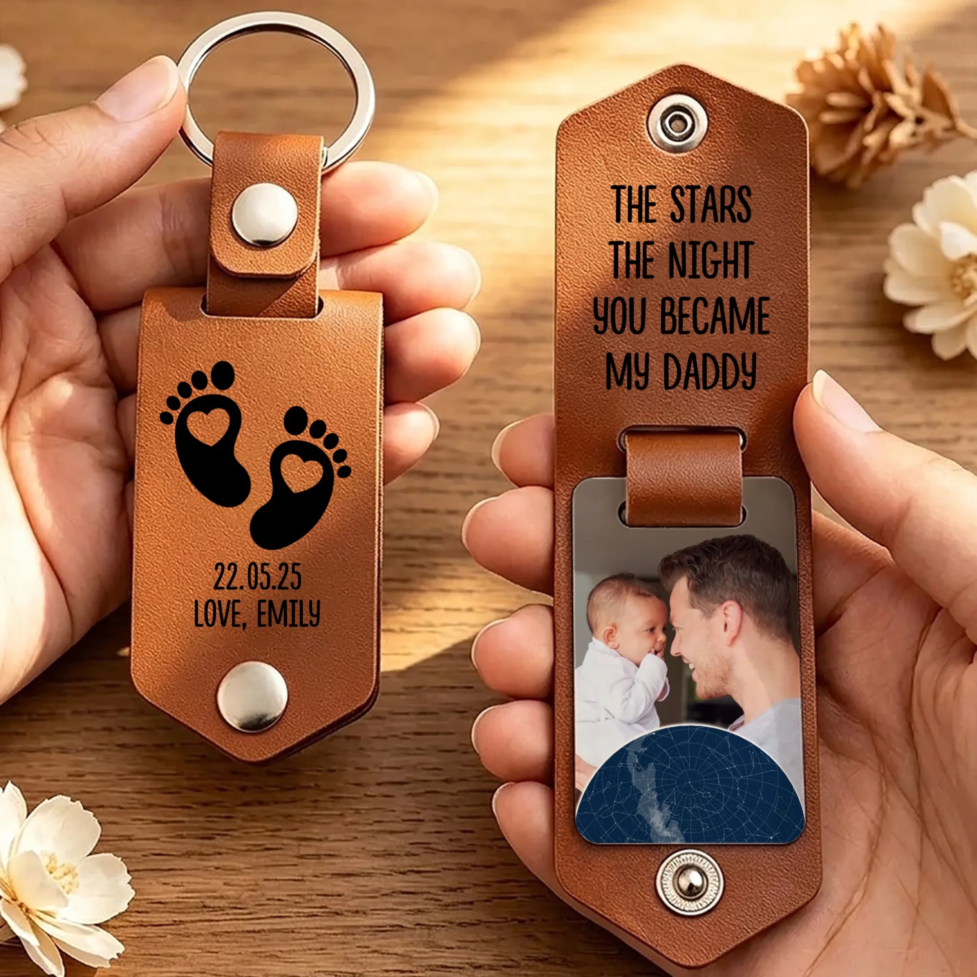 Personalized Leather Photo Keychain For Dad With Custom Picture And Names