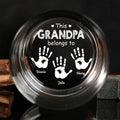 Custom engraved whiskey glass with grandchildren names and handprints