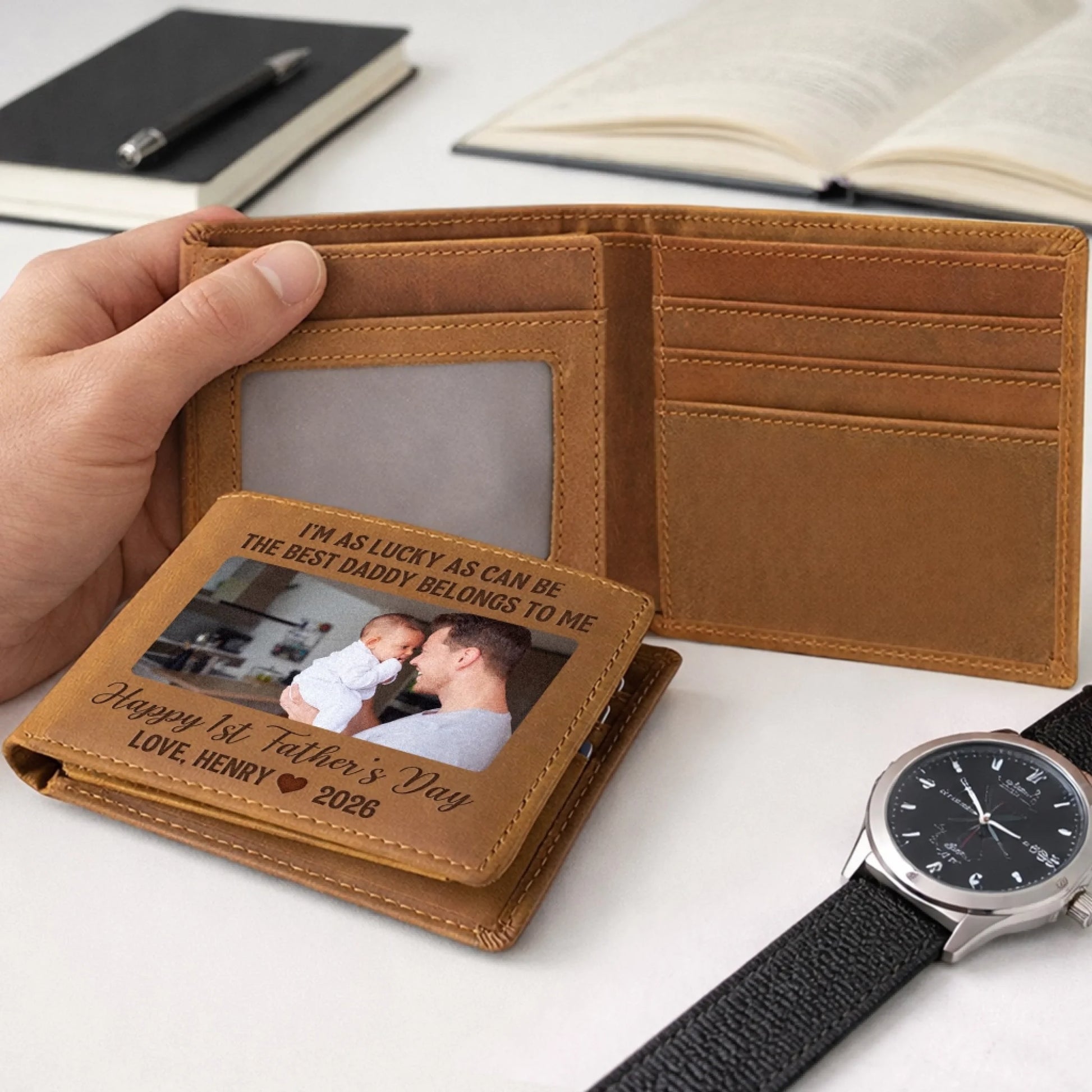 Custom leather wallet gift for new dad with personalized photo