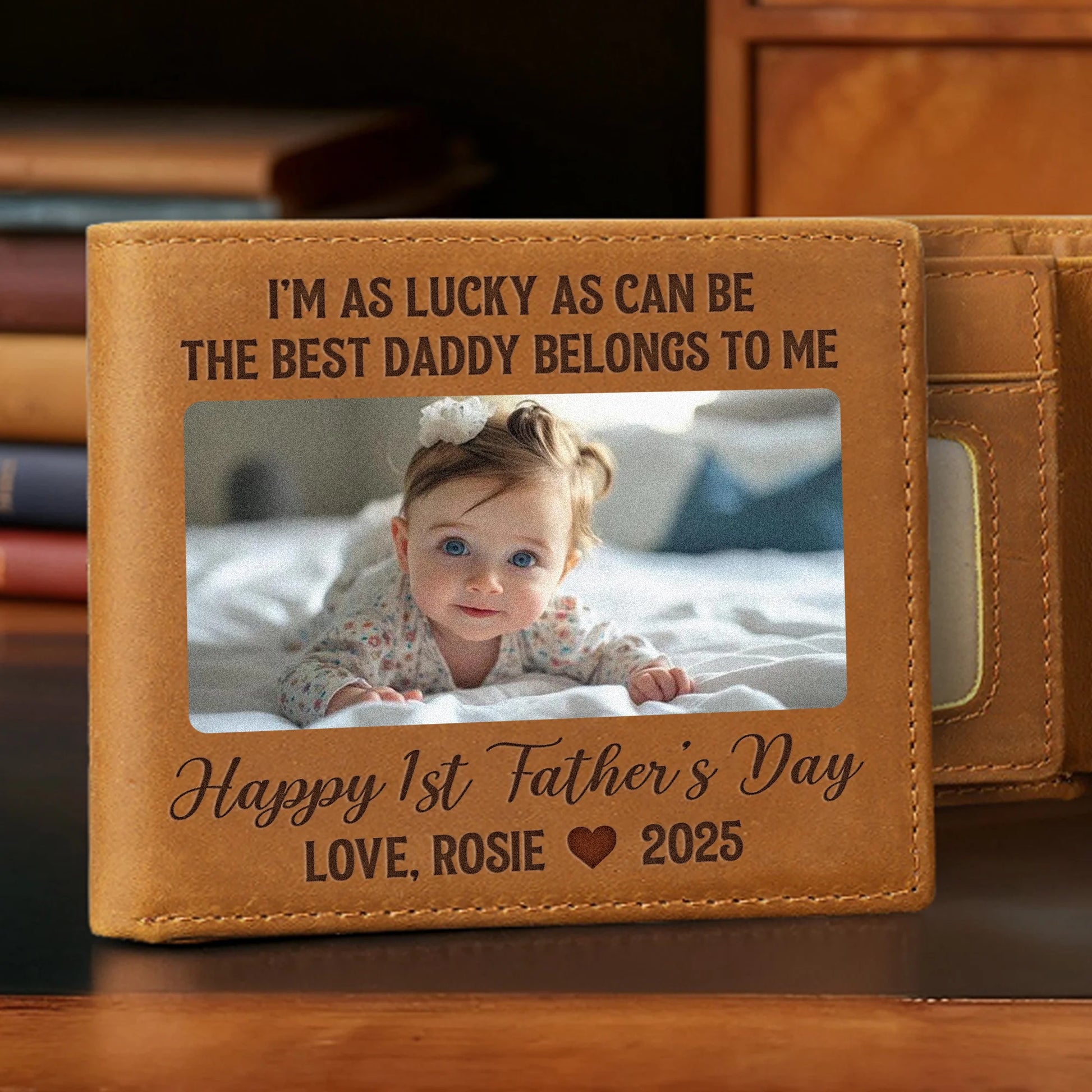 1st Father's Day personalized leather wallet with custom baby photo