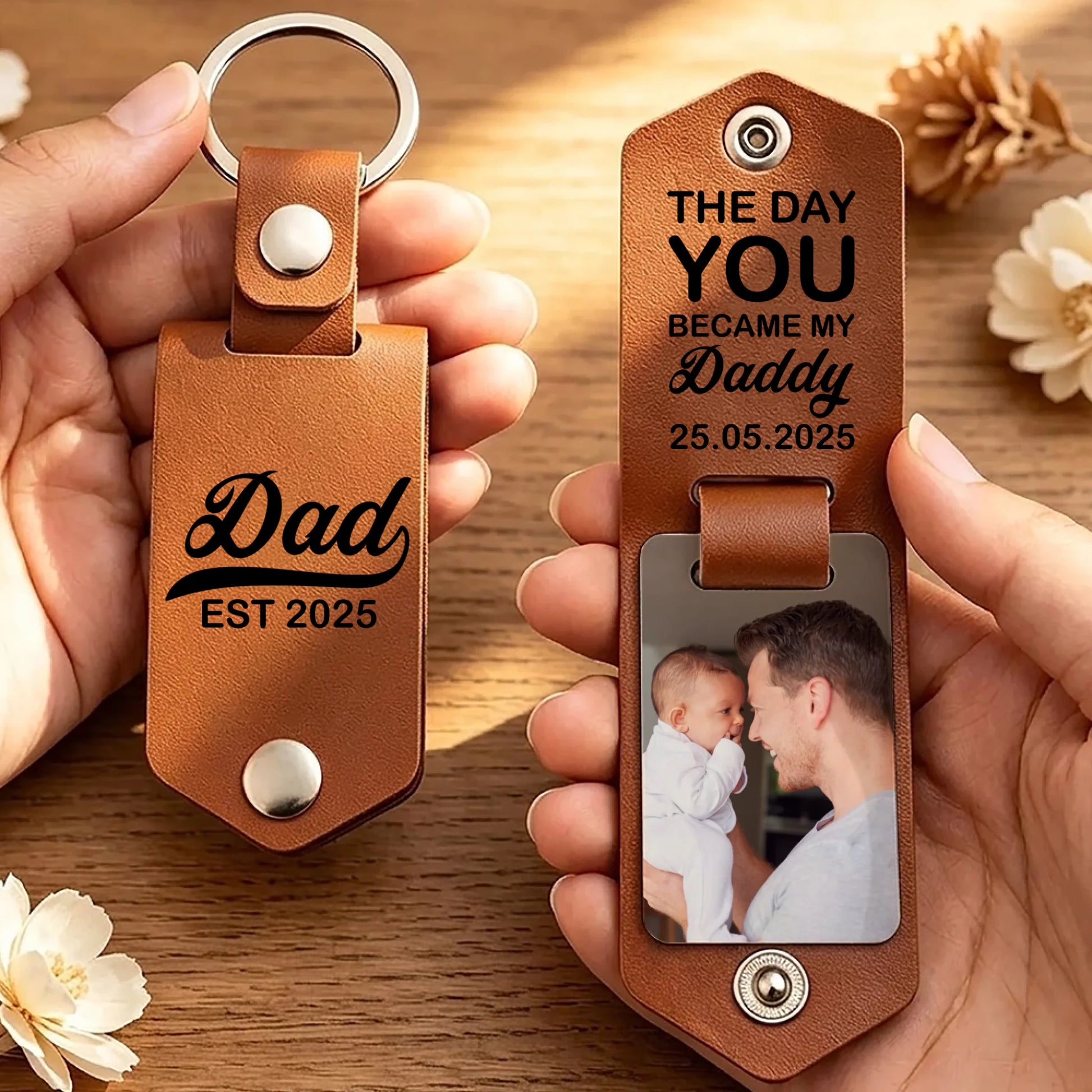 Daddy Day personalized leather photo keychain with custom family photo