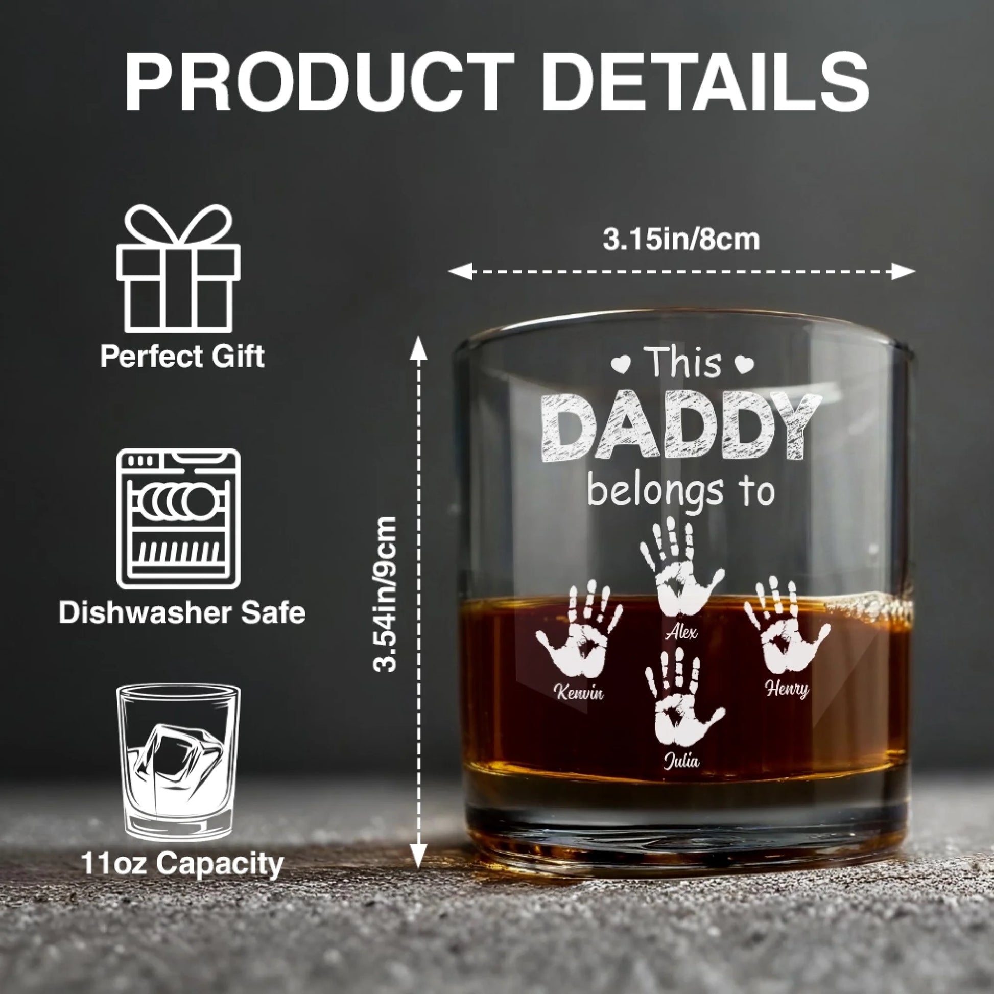 Personalized whiskey glass size chart and product specifications