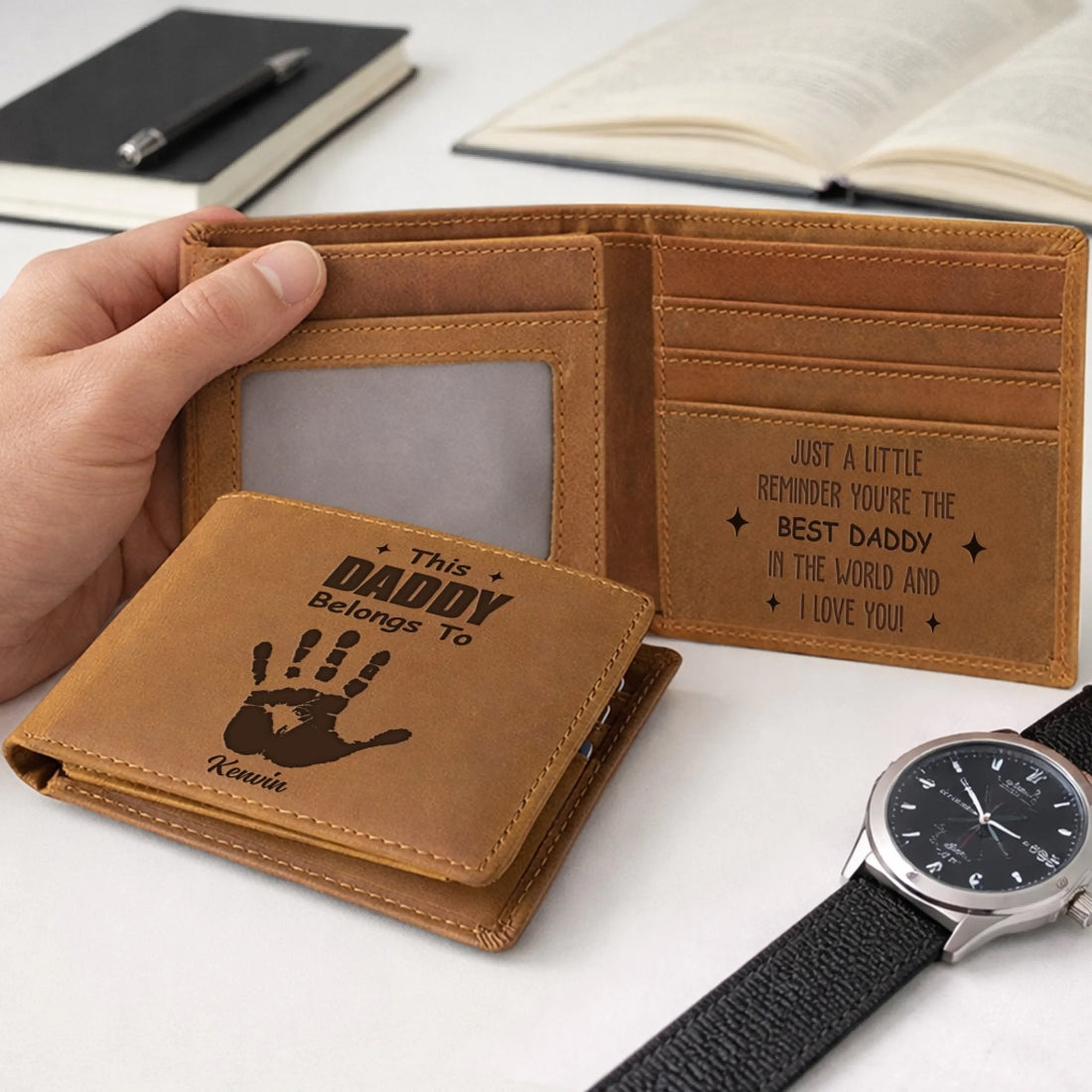 Personalized leather wallet for Grandpa with grandchildren handprints and custom names