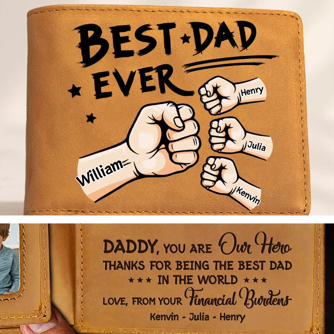 Best Dad Ever personalized leather wallet with custom names and heartfelt message