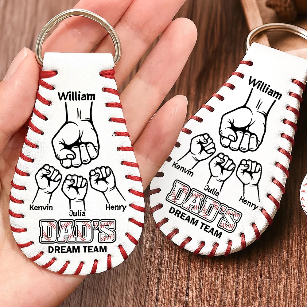Dad's Dream Team personalized leather baseball keychain with custom names